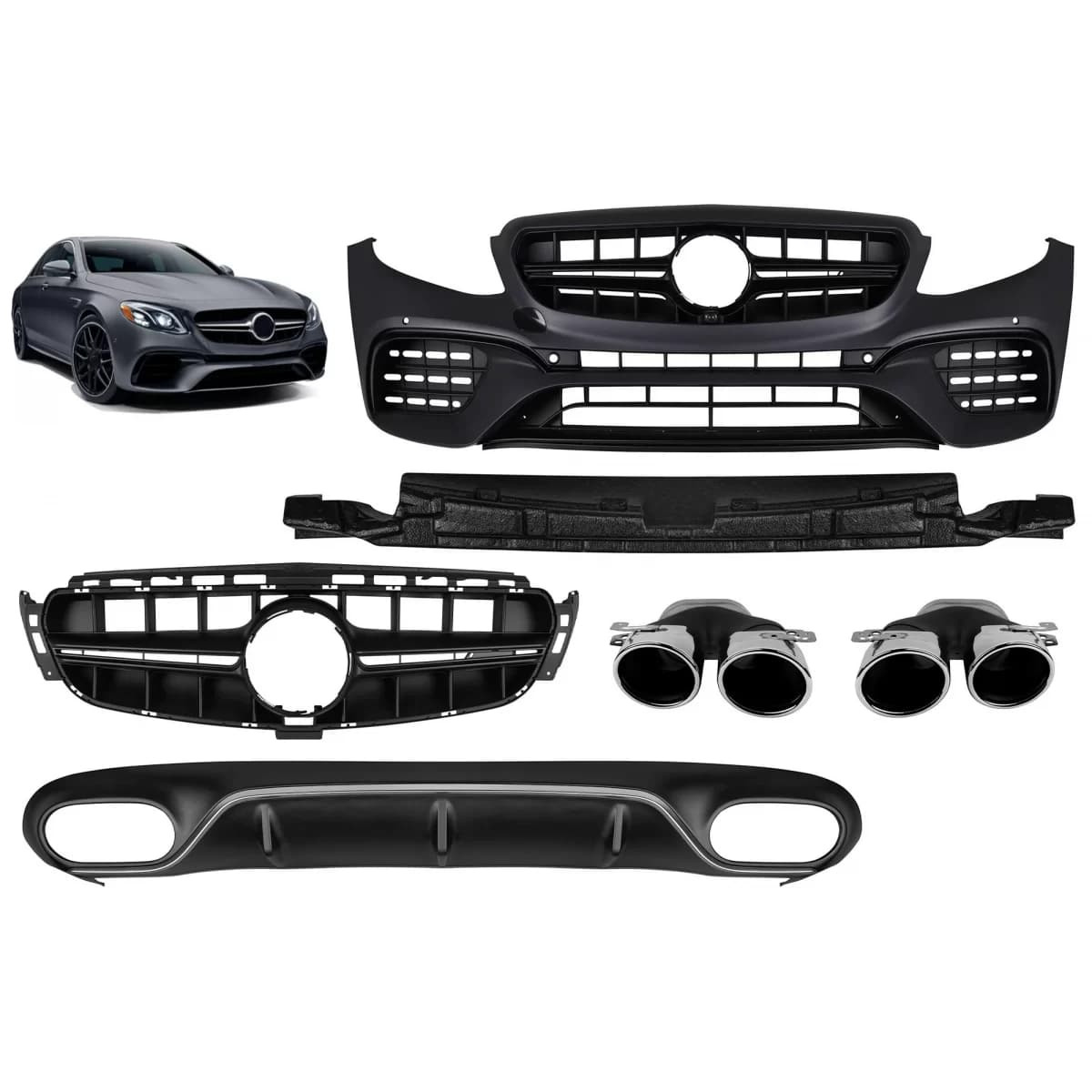 A Design package type E53 suitable for Mercedes E-Class C238 coupe, A238 cabrio 2017-2019 with chrome tips and chrome trim, for the model with rear A Design sport bumper.