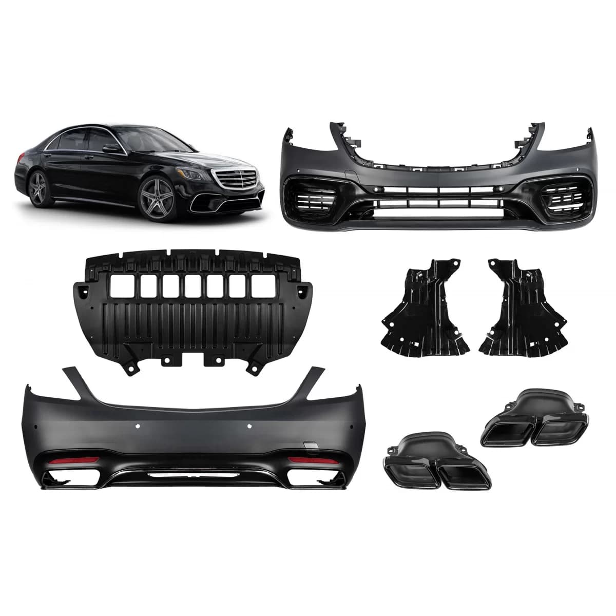 Tuning package type 63 suitable for Mercedes S-Class W222 2017-2020 with black tips, without side skirts