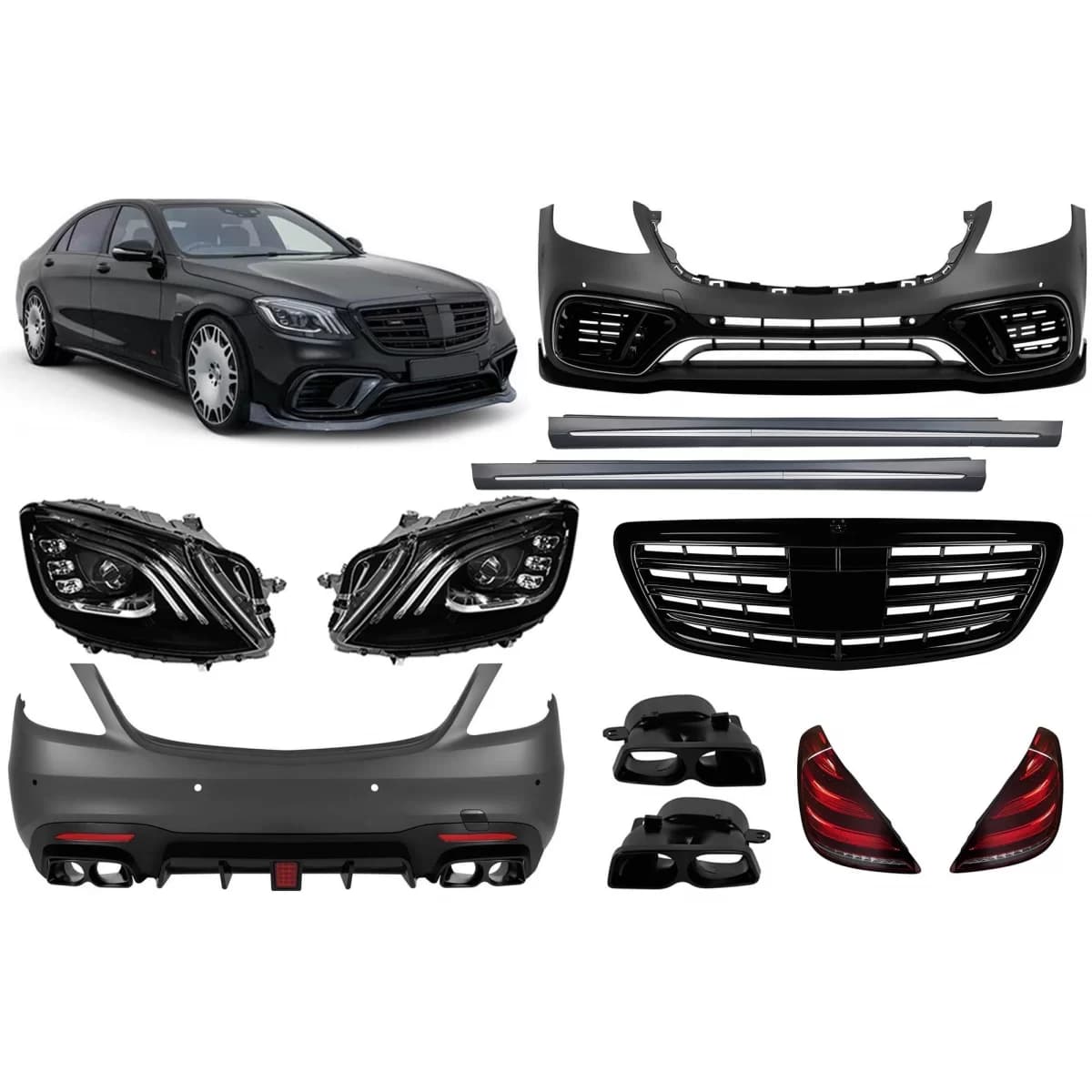 B design tuning conversion from Mercedes S-Class W222 Long 2013-2016 to S-Class W222 Facelift 2017-2020 with side skirts, with headlights, with taillights, with black grille