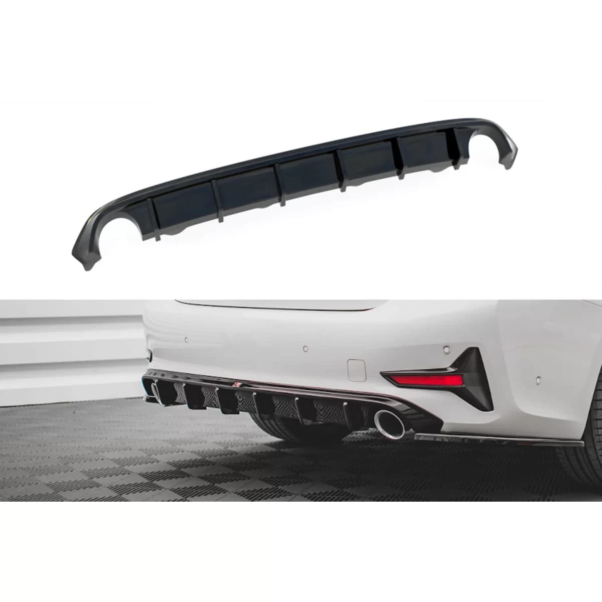 Maxton Design diffuser suitable for standard rear bumper of BMW 3 Series G20 sedan, G21 touring after 2018, black lacquer