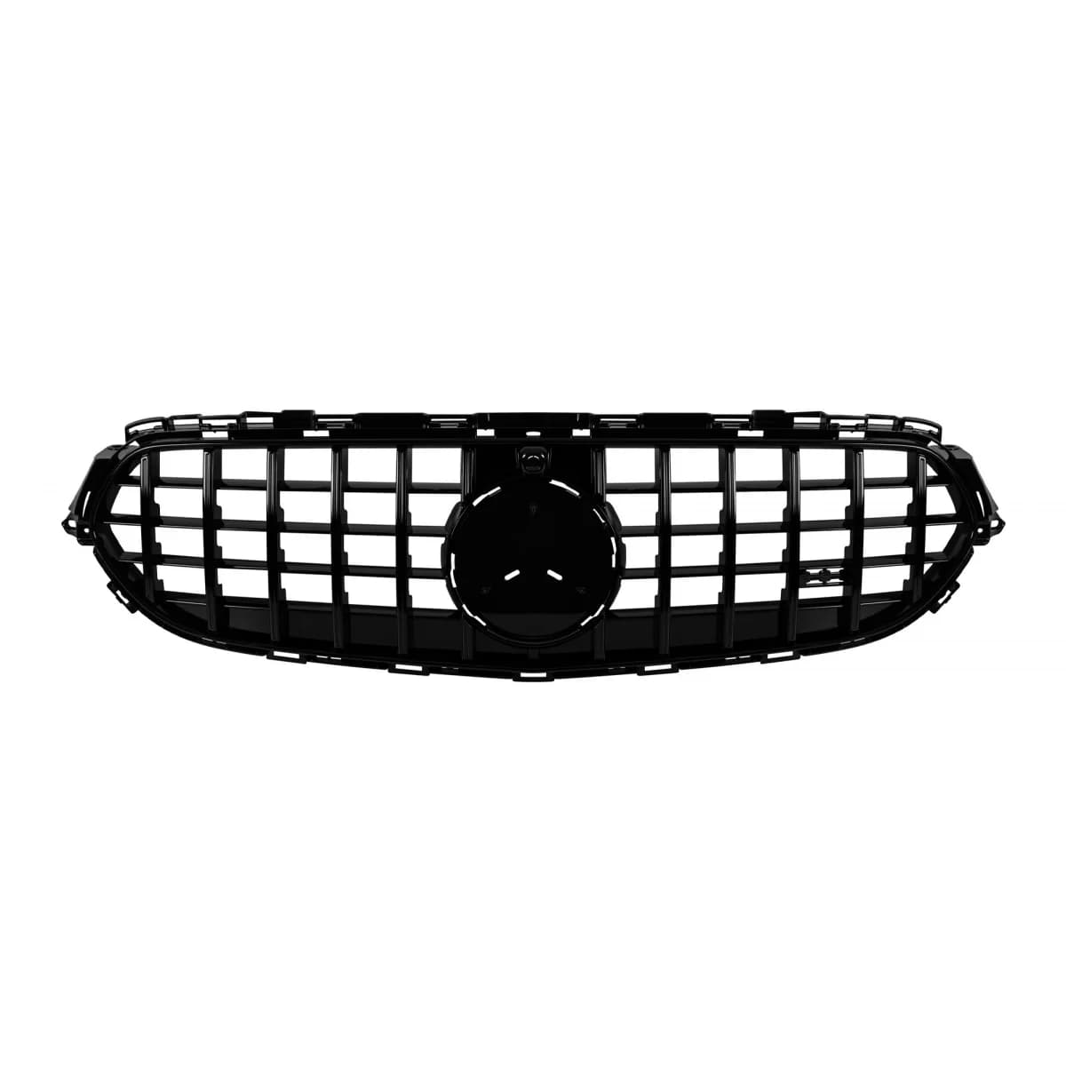 Black lacquer GT type grille suitable for Mercedes E-Class W213, S213 estate, C238 coupe, A238 convertible after 2020 with opening for camera for standard bumper