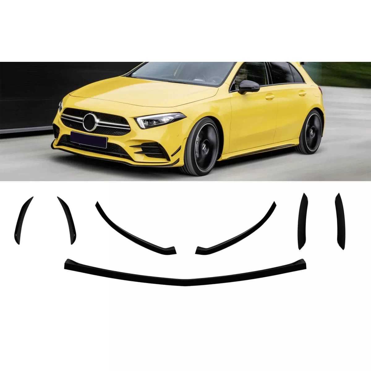 Aero additions suitable for front A design bumper of Mercedes A-Class W177 hatchback after 2018, black lacquer