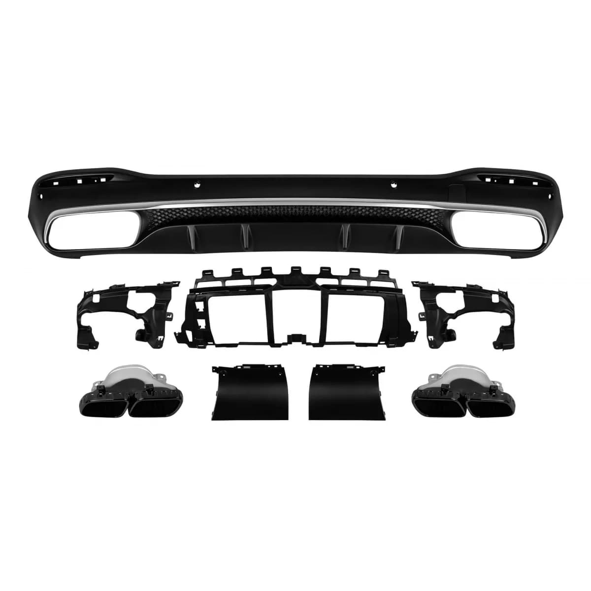 GLS63 type diffuser with black tips suitable for rear A Design bumper on Mercedes GLS X167 after 2019 -oo--oo-, with chrome trim