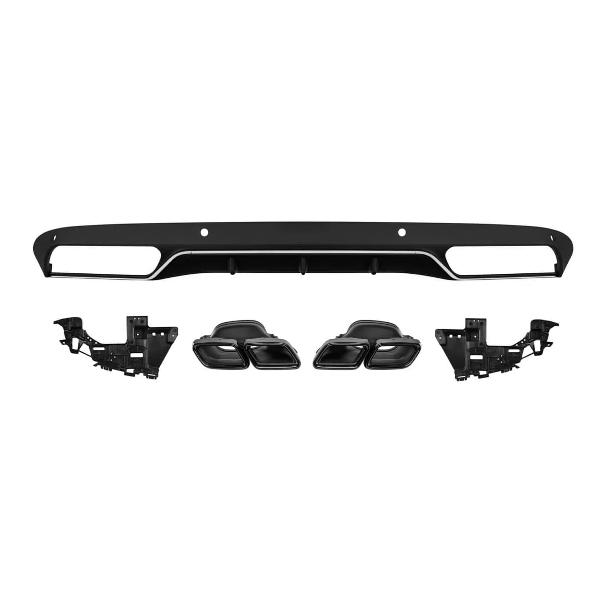C63 type diffuser with black tips suitable for standard rear bumper for Mercedes C-Class W205 sedan, S205 estate 2013-2019 -oo--oo-, with chrome trim