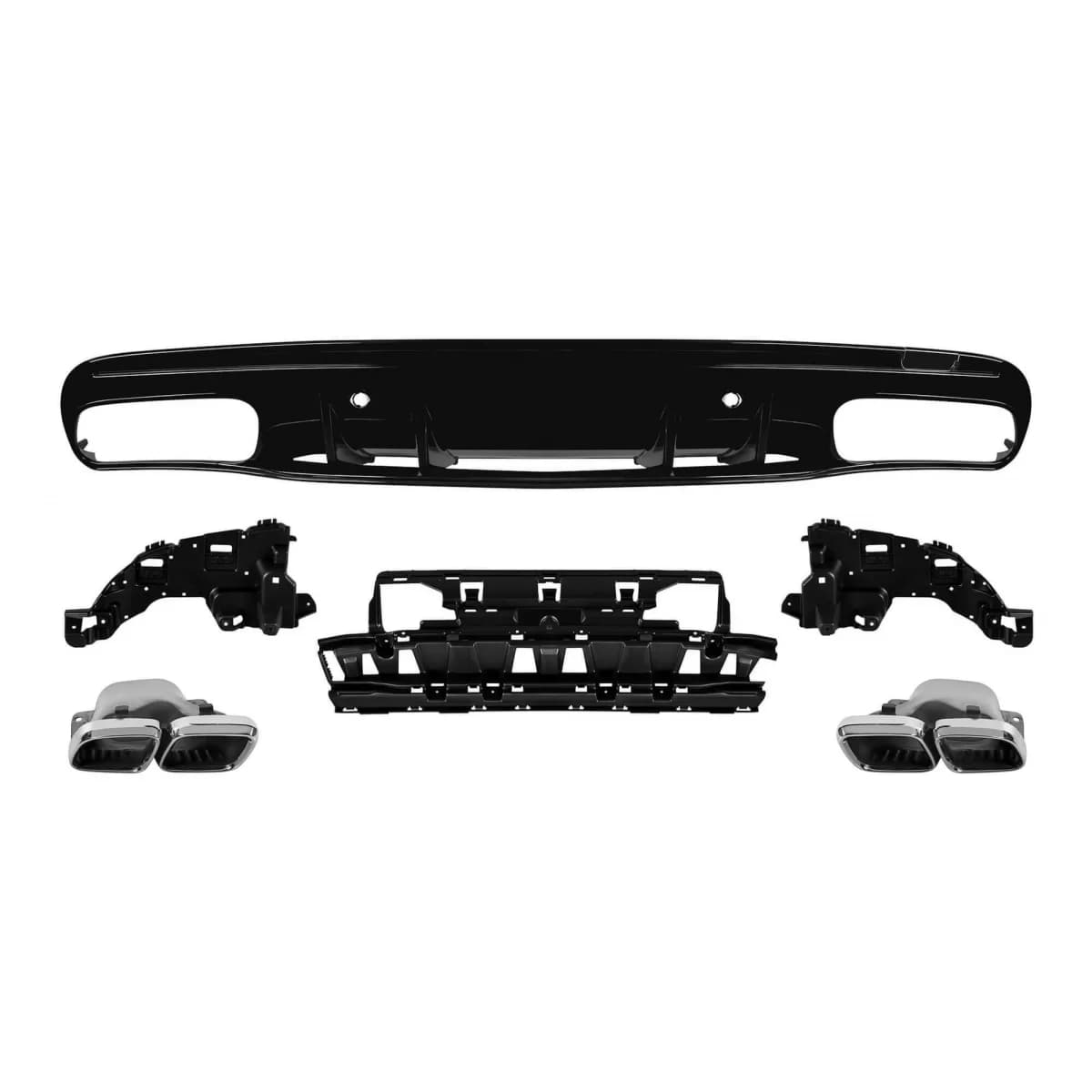 C63 type diffuser with chrome tips suitable for rear A Design bumper on Mercedes C-Class W205 sedan, S205 estate 2014-2020 -oo--oo-, with black trim