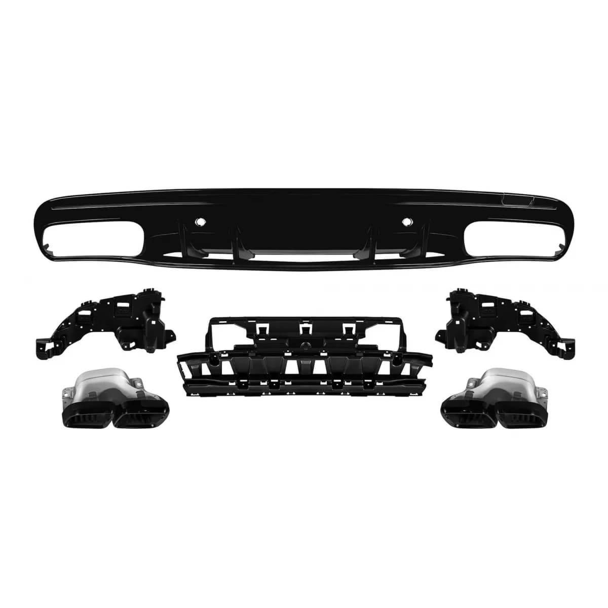 C63 type diffuser with black tips suitable for rear A Design bumper on Mercedes C-Class W205 sedan, S205 estate 2014-2020 -oo--oo-, with black trim