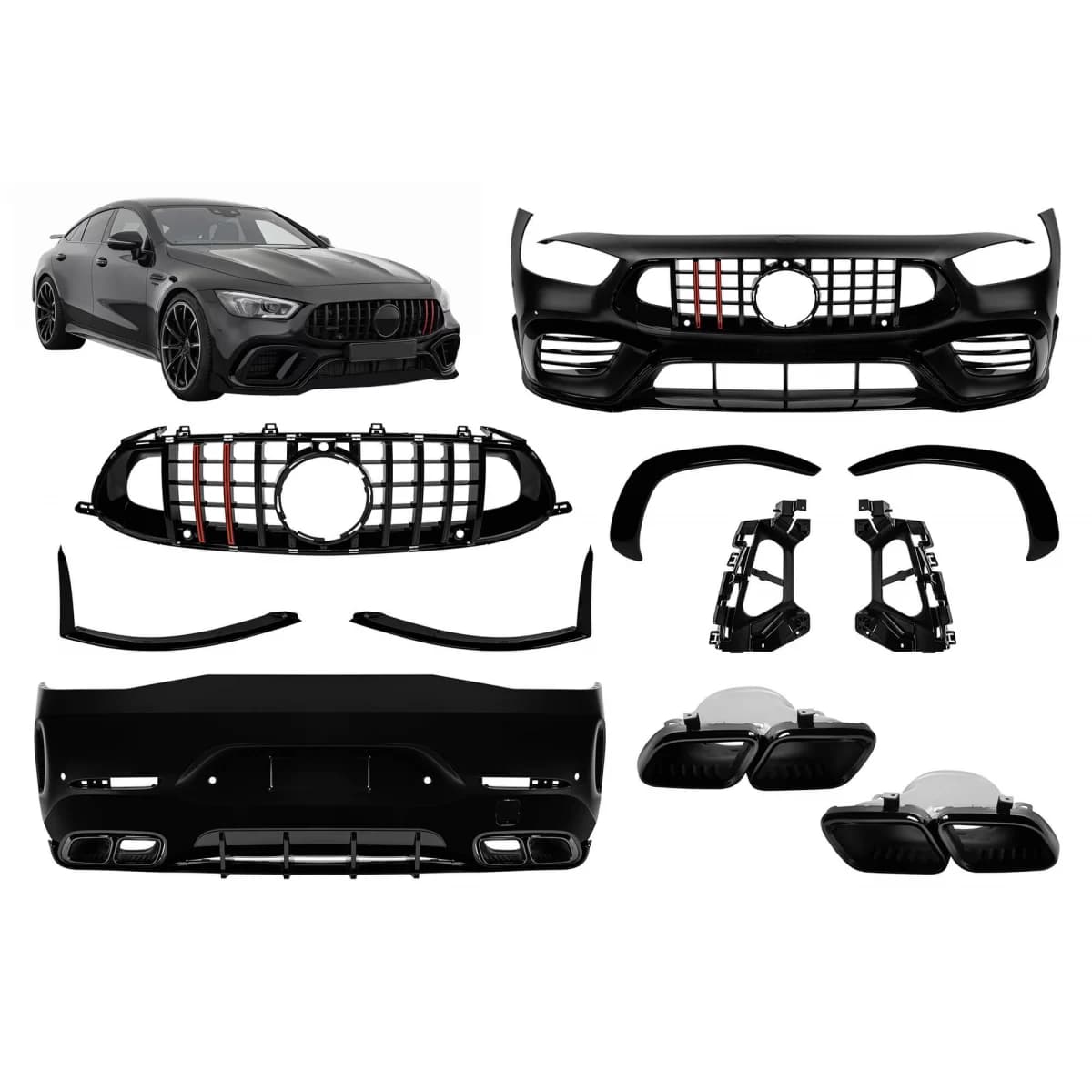 A Design package type GT63 with black lacquer grille type Brabus with red lines suitable for Mercedes A Design GT X290 4 Door Coupe after 2019