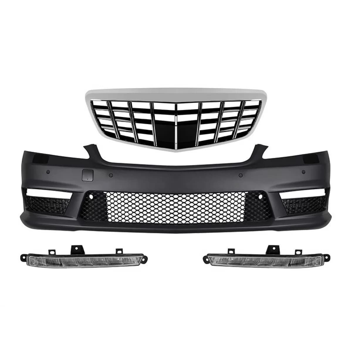 Front A Design bumper type S63, S65 with chrome/black Brabus grille suitable for Mercedes S-Class W221 2006-2013 with daytime running lights