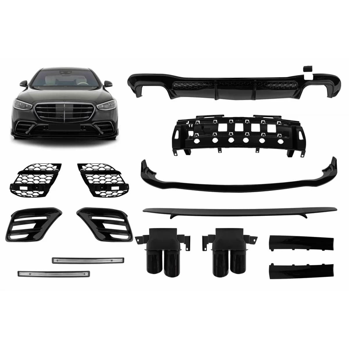 Brabus add-ons suitable for front and rear A Design bumper on Mercedes S-Class W223 after 2020 with exhaust tips