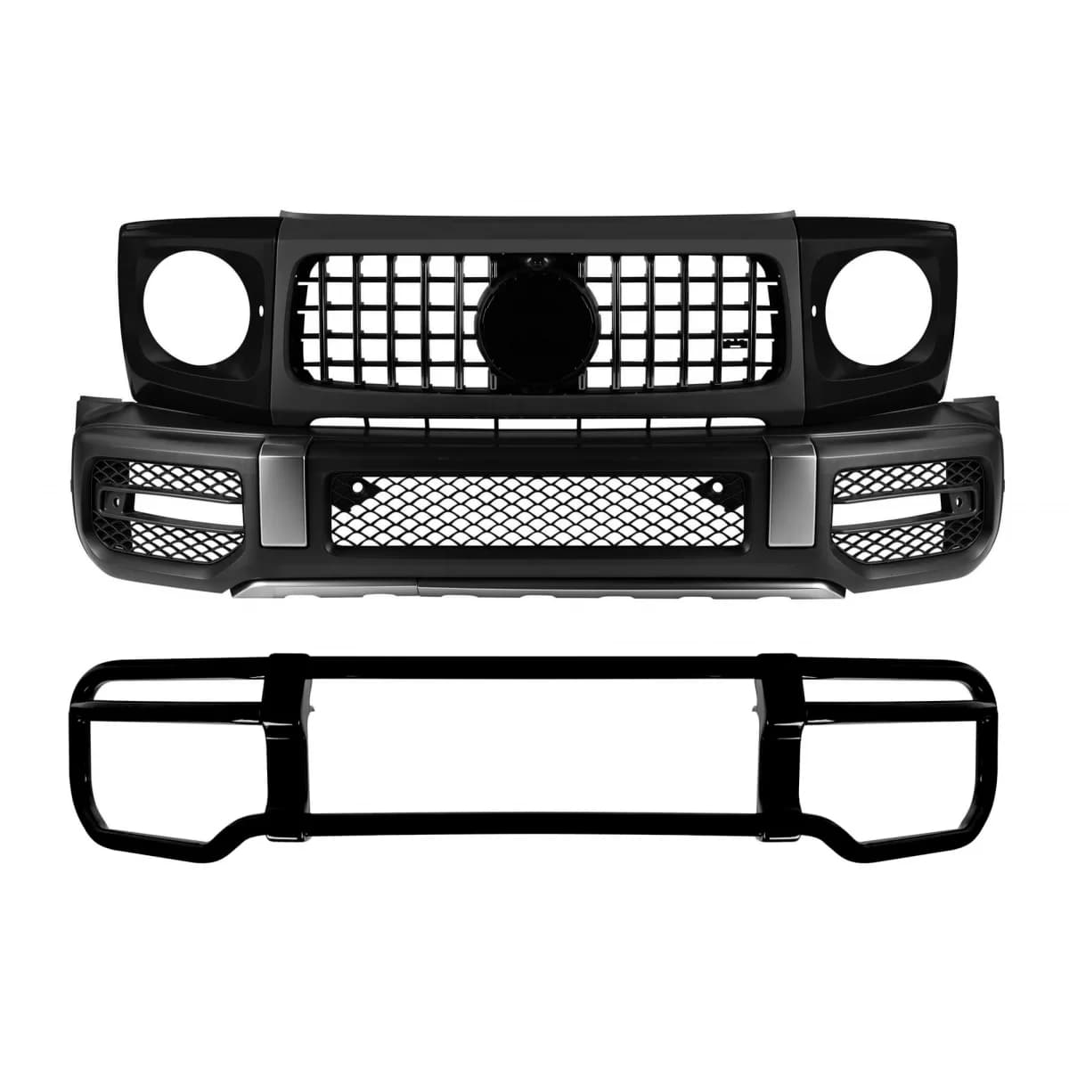 Front A Design bumper kit type G63 with black lacquer bullbar suitable for Mercedes G-Class W464 after 2018 with PDC, grille, headlight surrounds, fender flares