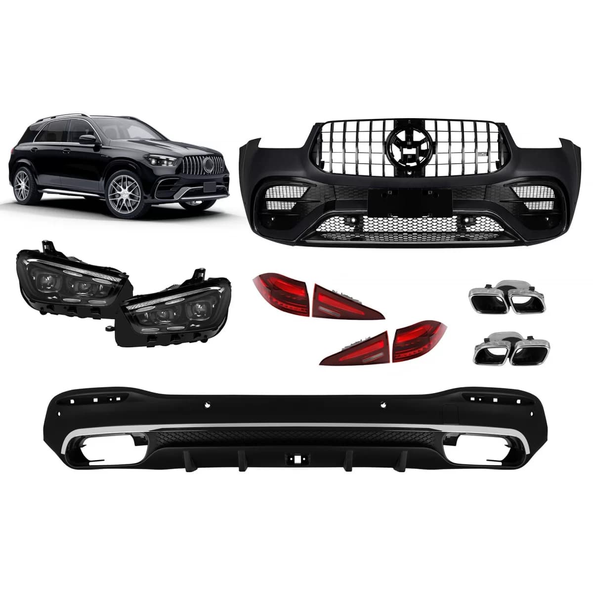 A Design package type 63 suitable for Mercedes GLE SUV W167 2020-2023, with diffuser, LED headlights, and LED taillights