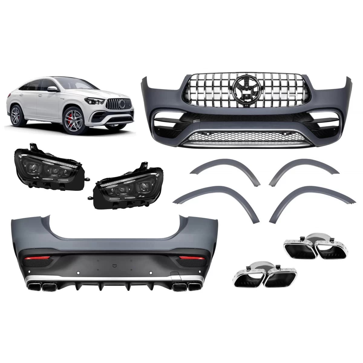 A Design package type GLE63 suitable for Mercedes GLE Coupe C167 2020-2023, with rear bumper and LED headlights