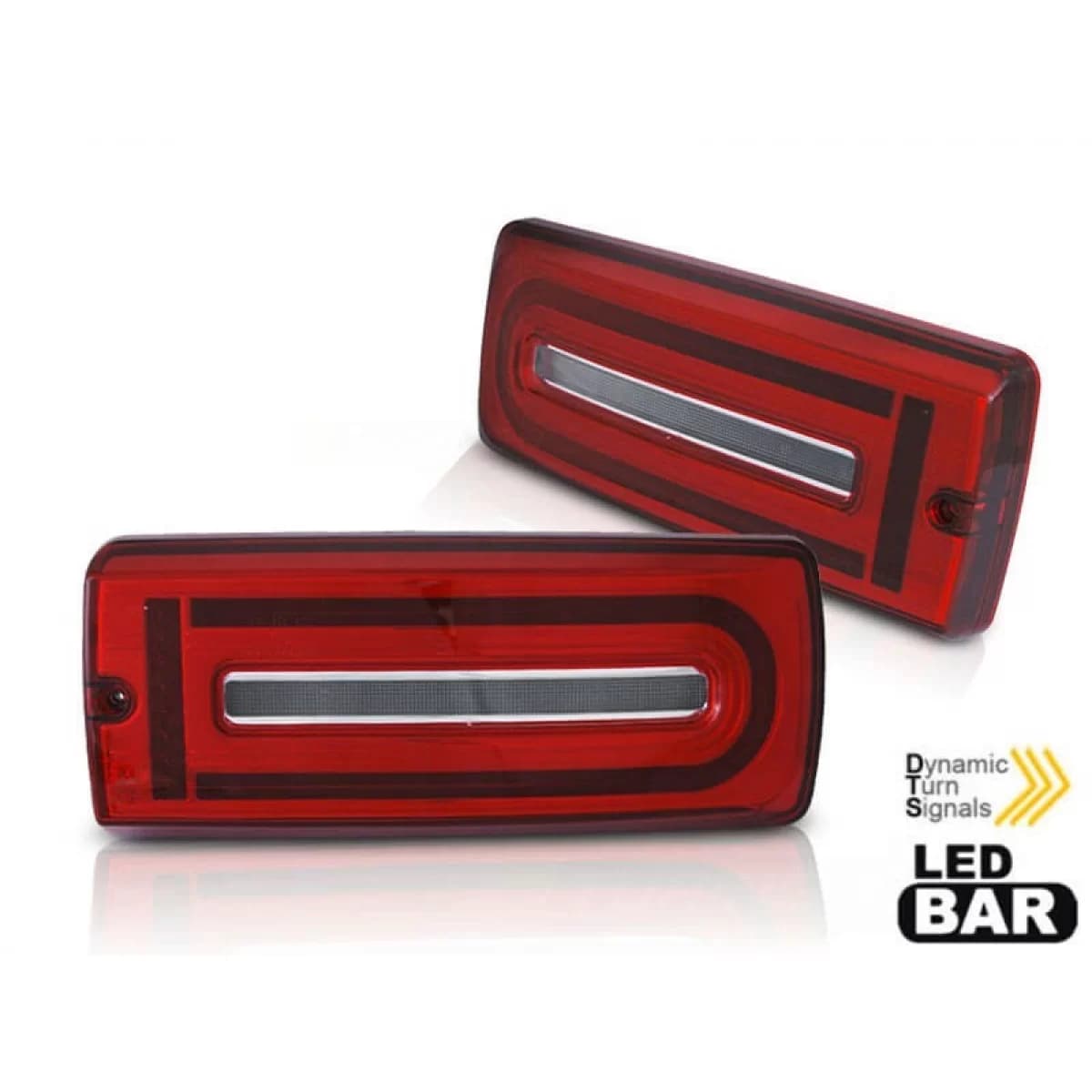 Tuning LED tail light set suitable for Mercedes G-Class W463 1990-2018 with red-white base, featuring dynamic turn signal, left and right