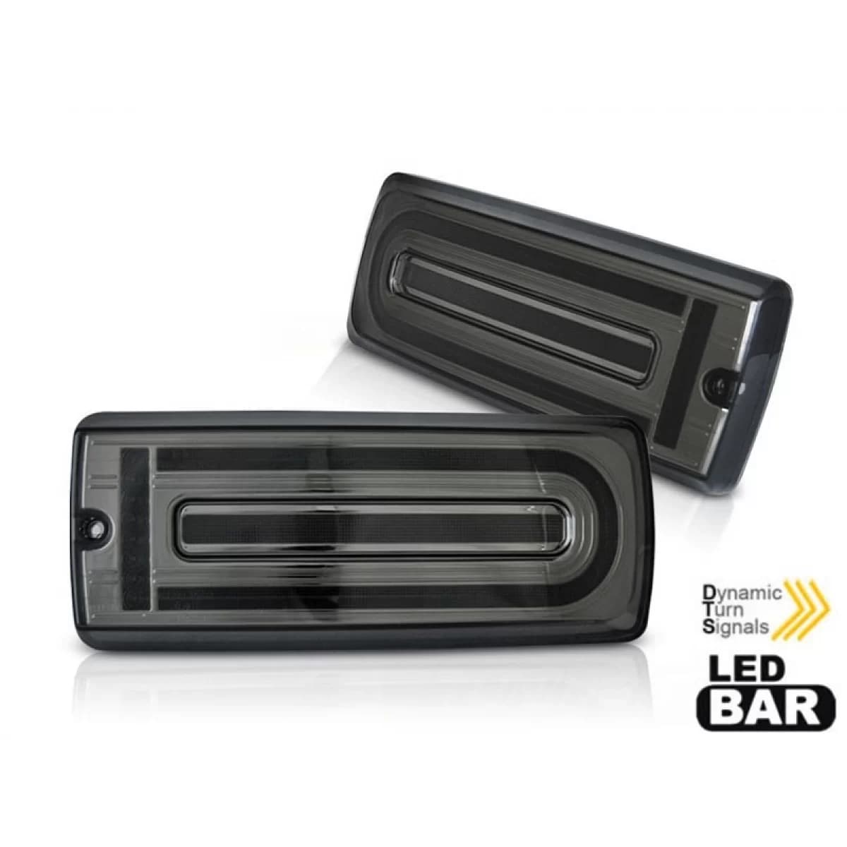 Tuning LED tail light set suitable for Mercedes G-Class W463 1990-2018 with smoked base, featuring dynamic turn signal, left and right