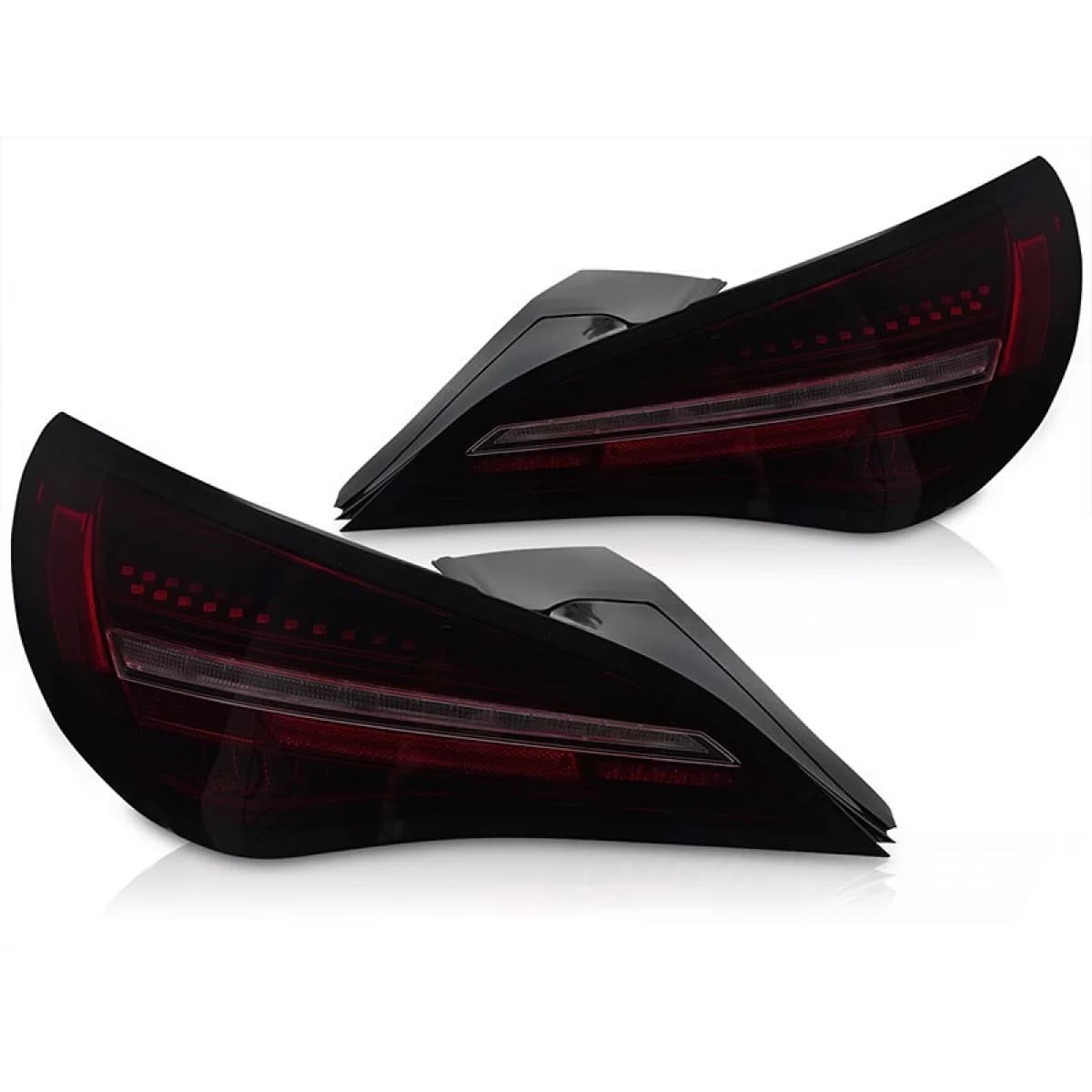 LED tuning tail light kit suitable for Mercedes CLA C117 2013-2016 with black-red smoked base and dynamic turn signal, for the model equipped with halogen tail lights, left and right