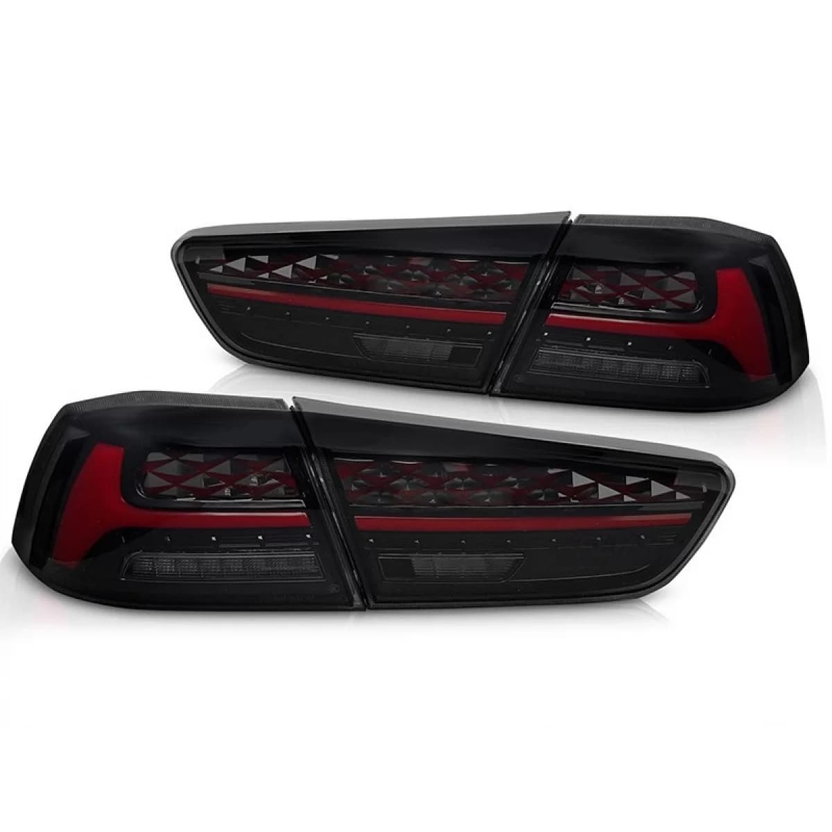 Tuning LED tail lights suitable for Mitsubishi Lancer 2008-2016 sedan with smoked base, featuring dynamic turn signal, with "Welcome" function, left and right