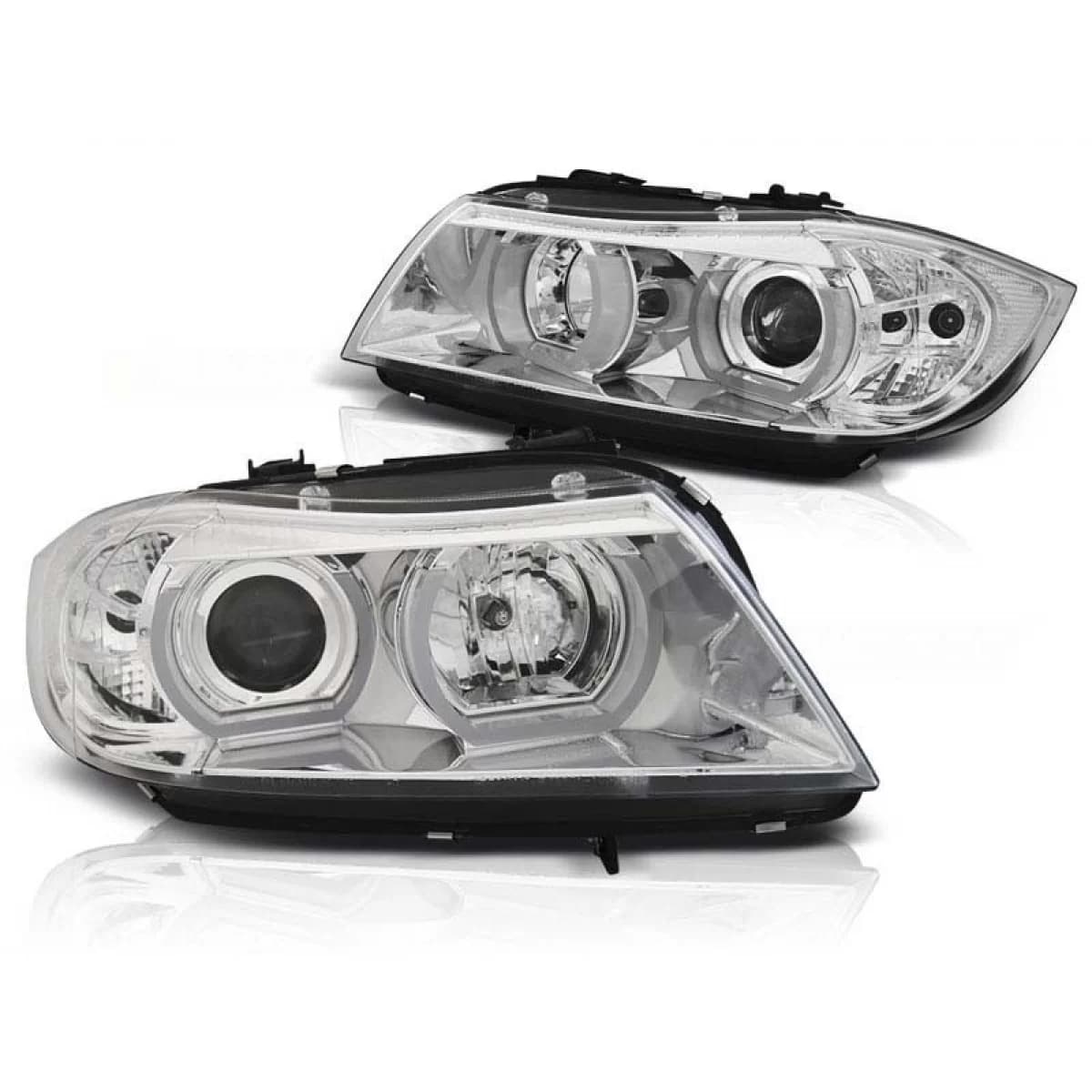 Tuning headlight set suitable for BMW 3 Series E90/E91 03.2005-08.2008 with chrome base, left and right