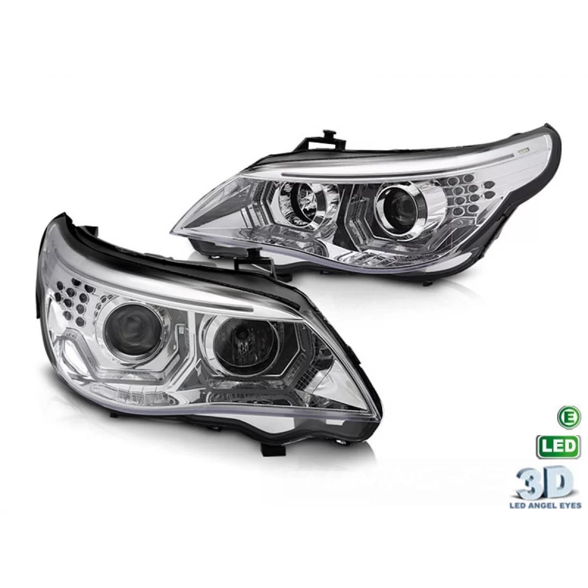 Tuning headlight kit with 3D LED angel eyes suitable for BMW 5 Series E60 sedan, E61 touring 2003-2007 with chrome base, left and right, for the model with halogen headlights.