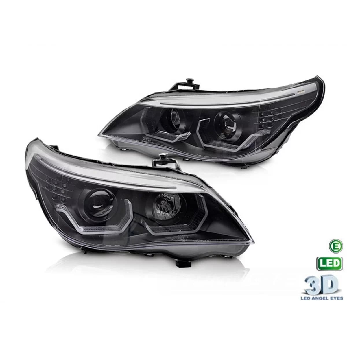Tuning headlight kit with 3D LED angel eyes suitable for BMW 5 Series E60 sedan, E61 touring 2003-2007 with black base, left and right, for the model with halogen headlights.