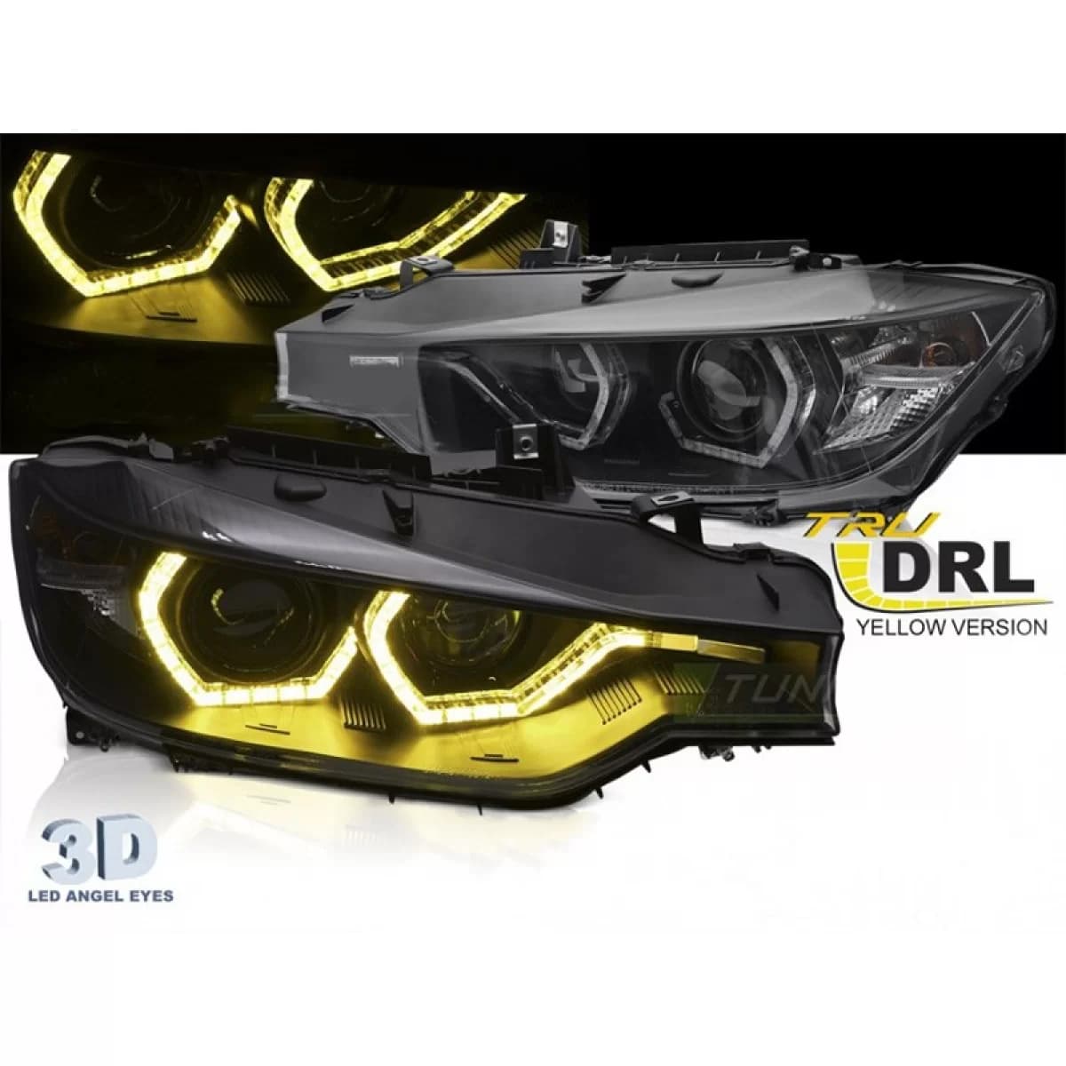 Tuning headlight set with yellow DRL lights suitable for BMW 3 Series F30 sedan, F31 touring 2011-2015 with black base, left and right