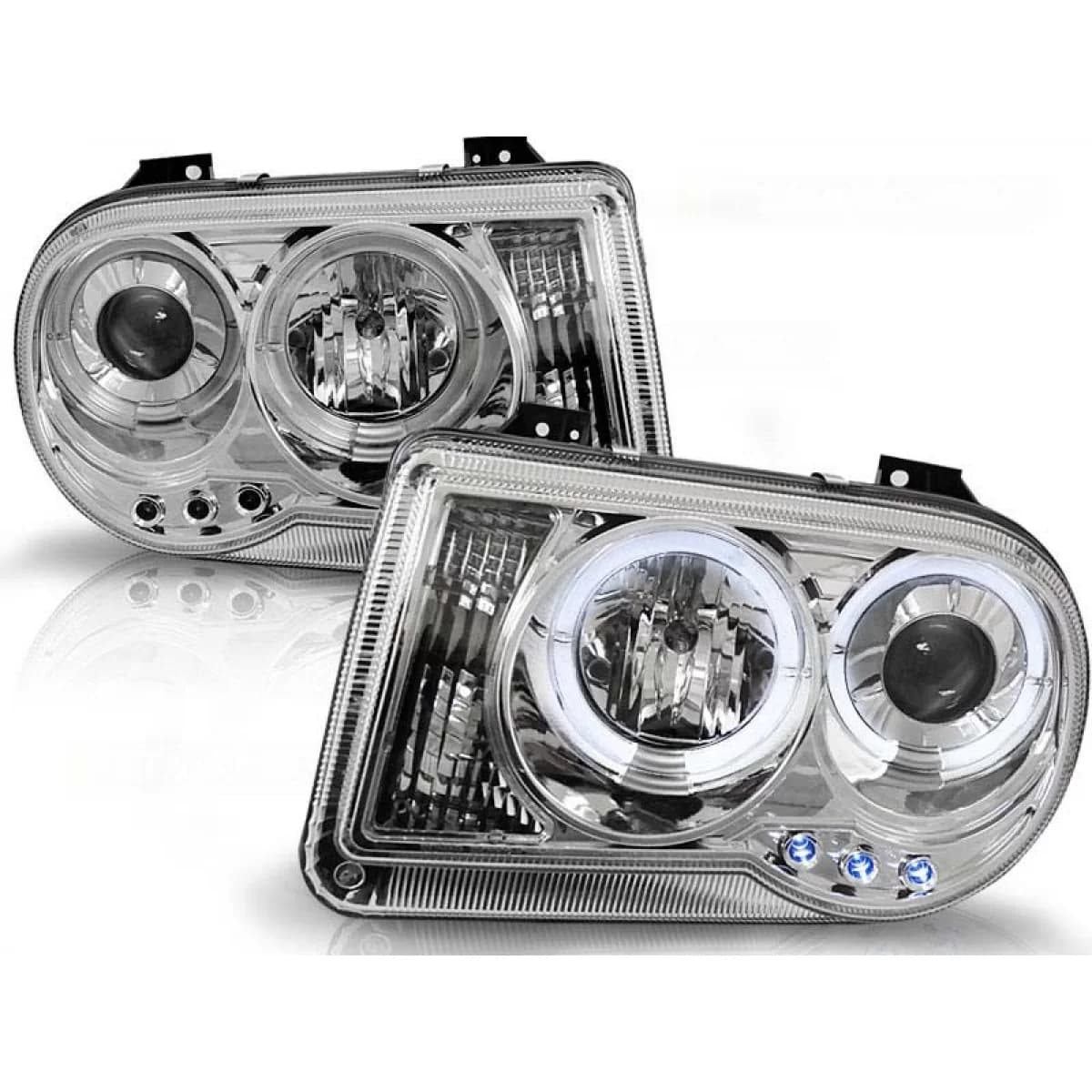 Tuning headlight set with halogen angel eyes suitable for Chrysler 300C 2005-2010 sedan/wagon, left and right