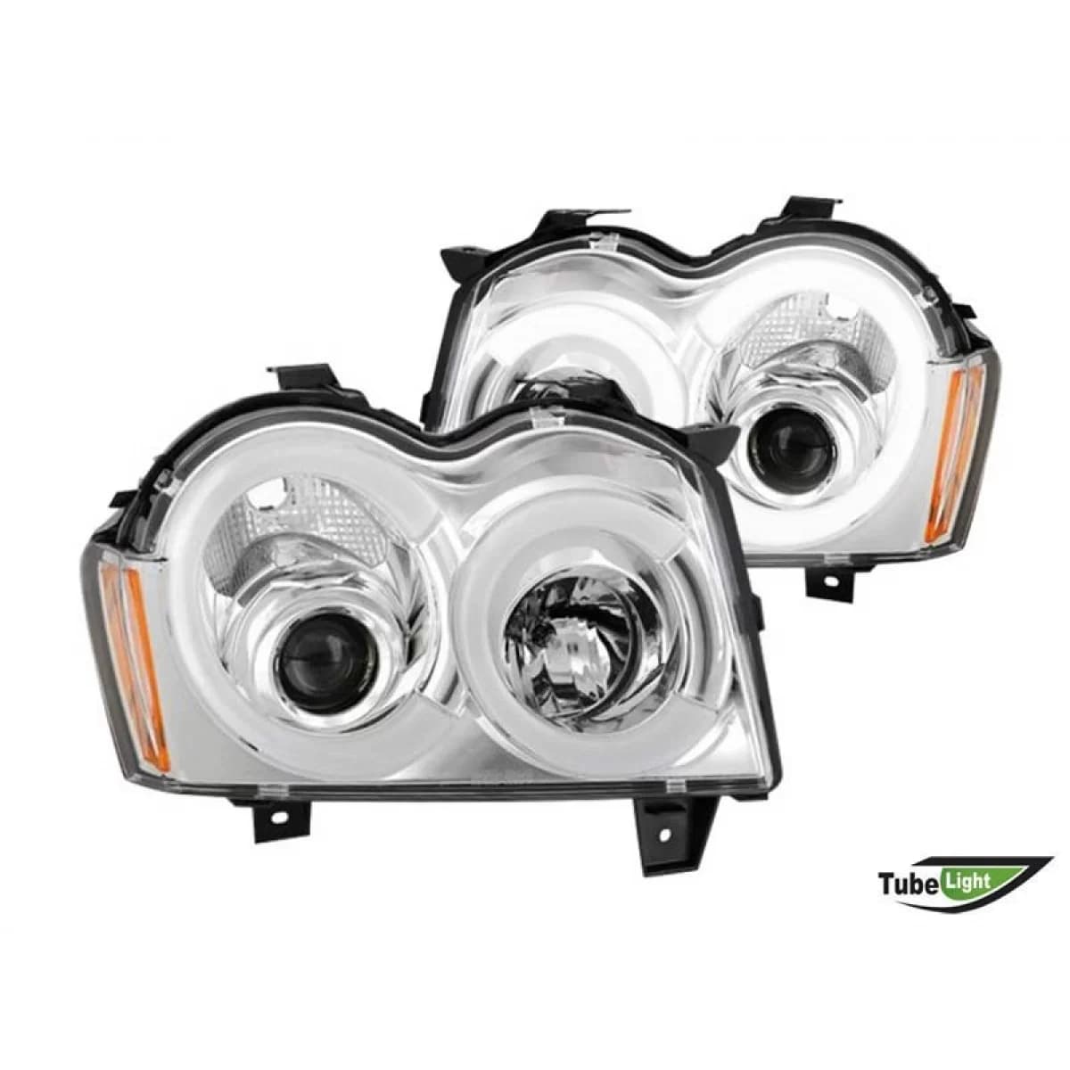 Tuning headlight set with LED lights suitable for Jeep Grand Cherokee 2005-2008 with chrome base, left and right