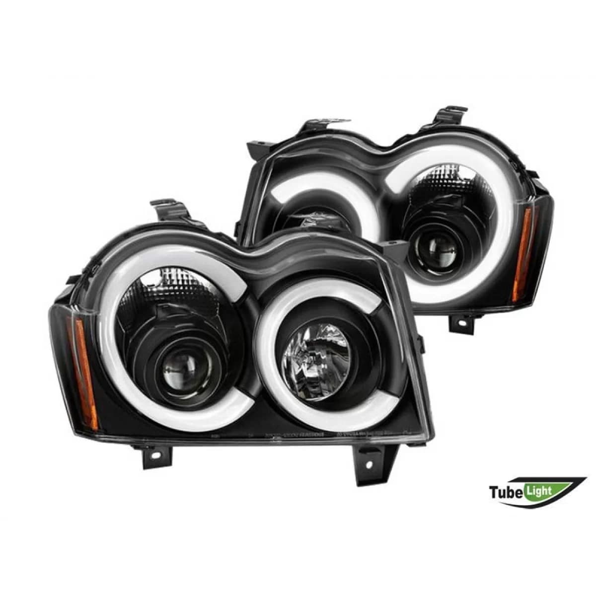 Tuning headlight set with LED lights suitable for Jeep Grand Cherokee 2005-2008 with black base, left and right