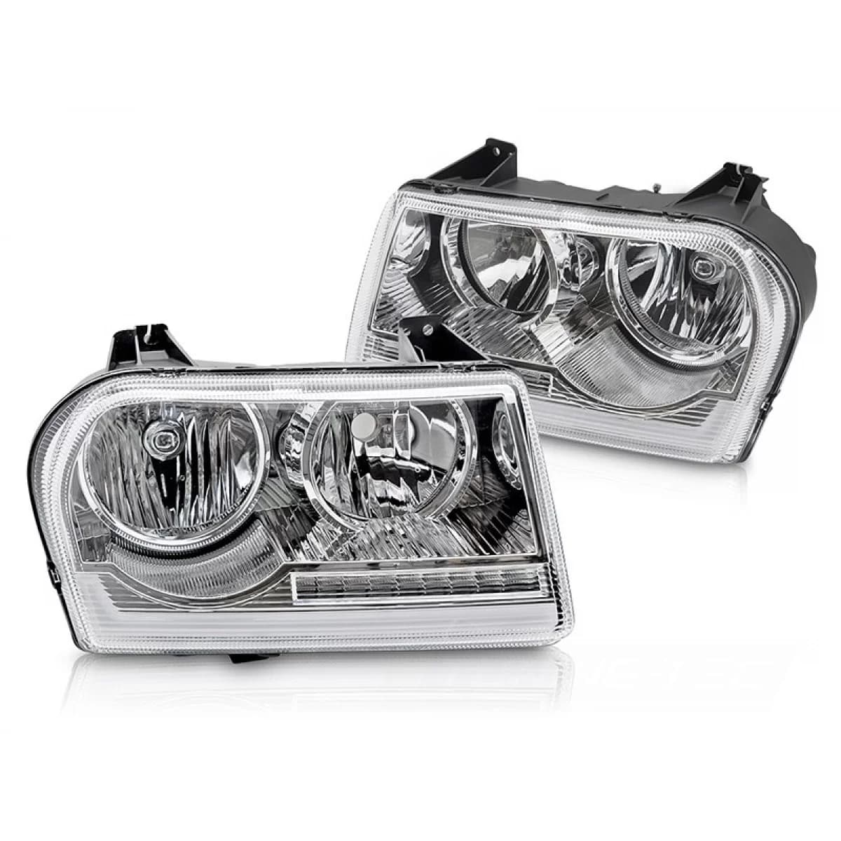 Tuning headlight set suitable for Chrysler 300C 2005-2008 with chrome base, with dynamic indicators, left and right