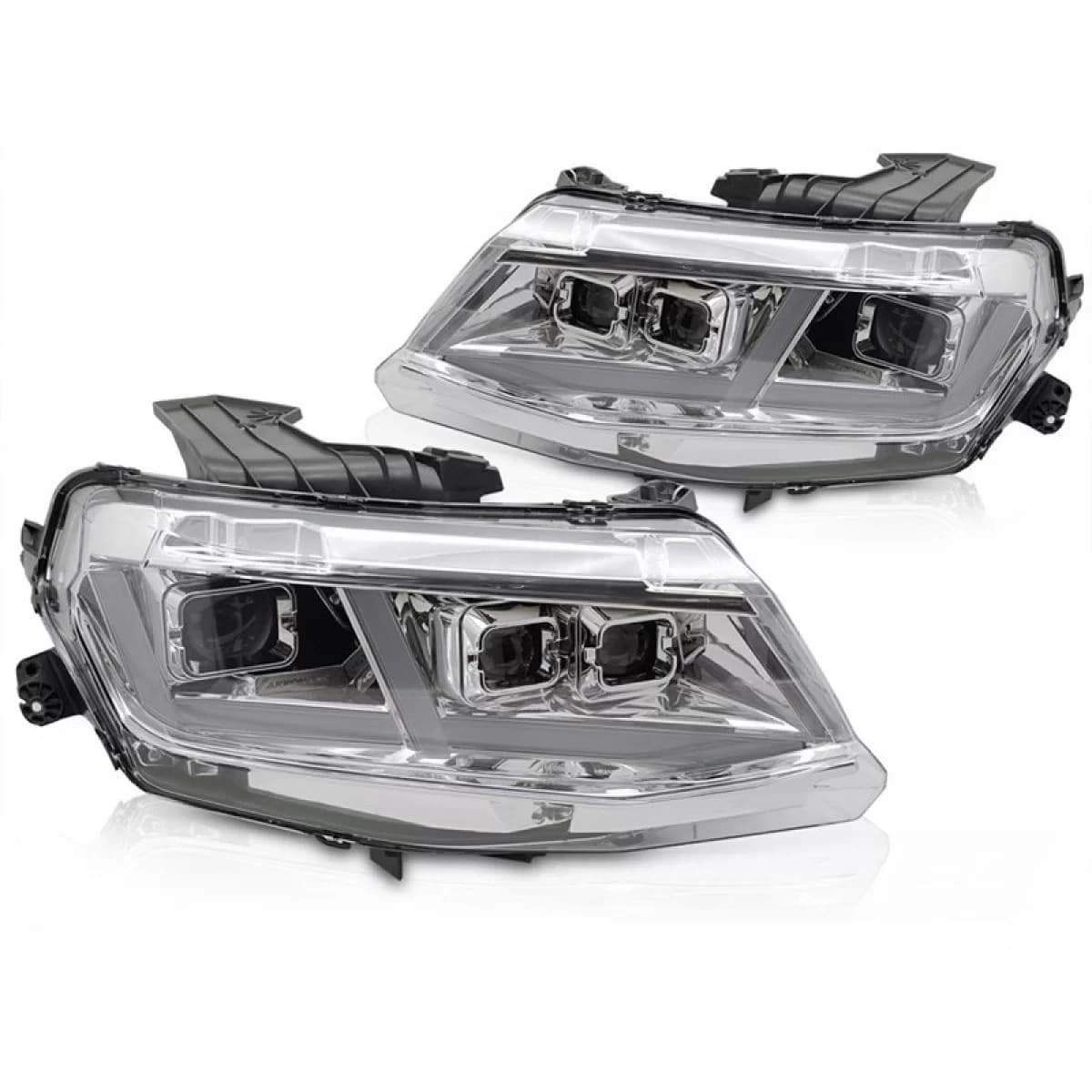LED tuning headlight set suitable for Chevrolet Camaro 2016-2018 with chrome base, featuring dynamic turn signals, for the model with factory DRL lights, left and right