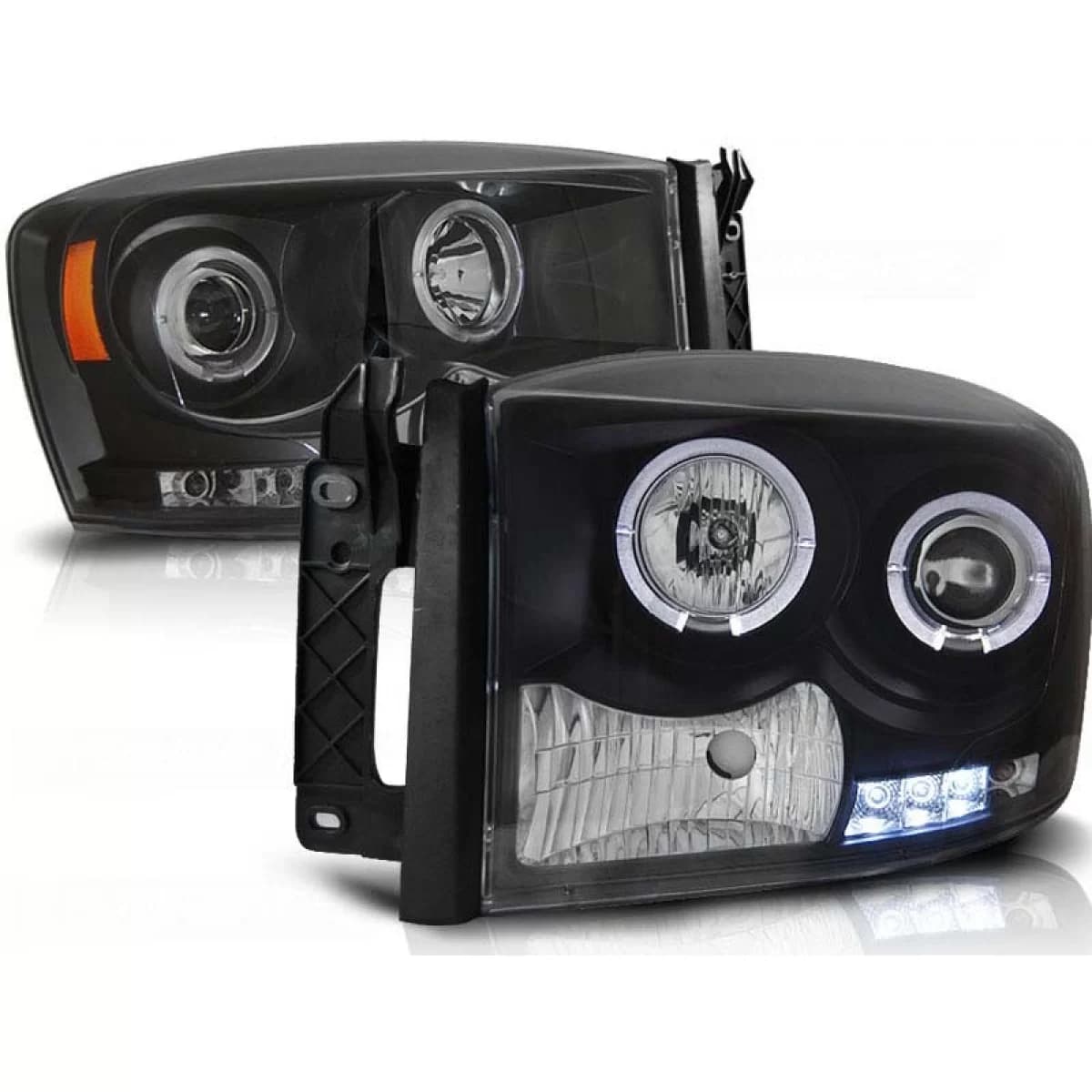 Tuning headlight set with halogen angel eyes suitable for Dodge RAM 2006-2008, left and right