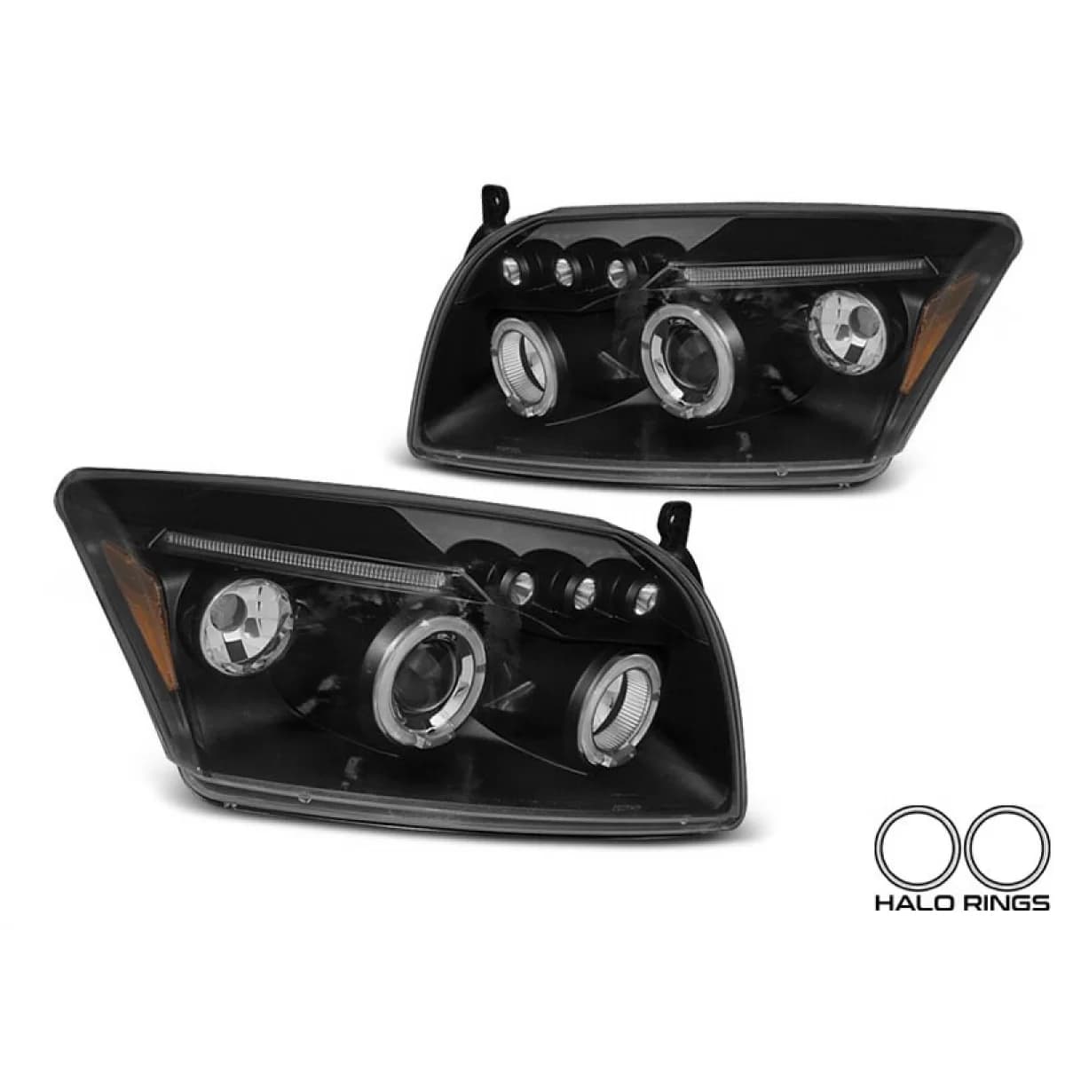Tuning headlight kit with angel eyes suitable for Dodge Caliber 2006-2012 with black base, left and right