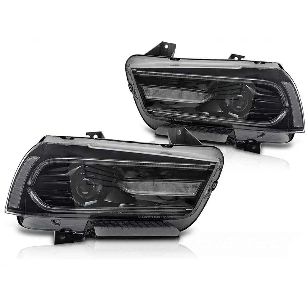 LED tuning headlight set suitable for Dodge Charger 2011-2015 with black base, featuring dynamic turn signals, for the model with factory DRL lights, left and right
