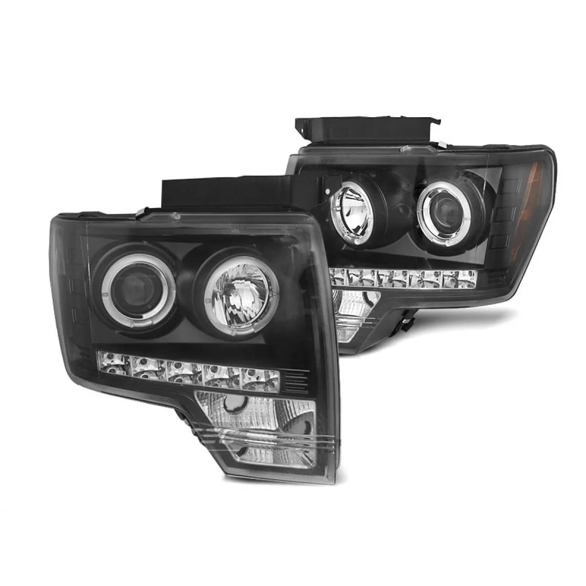 Tuning headlight set with halogen angel eyes suitable for Ford F150 2008-2014 with black base, left and right