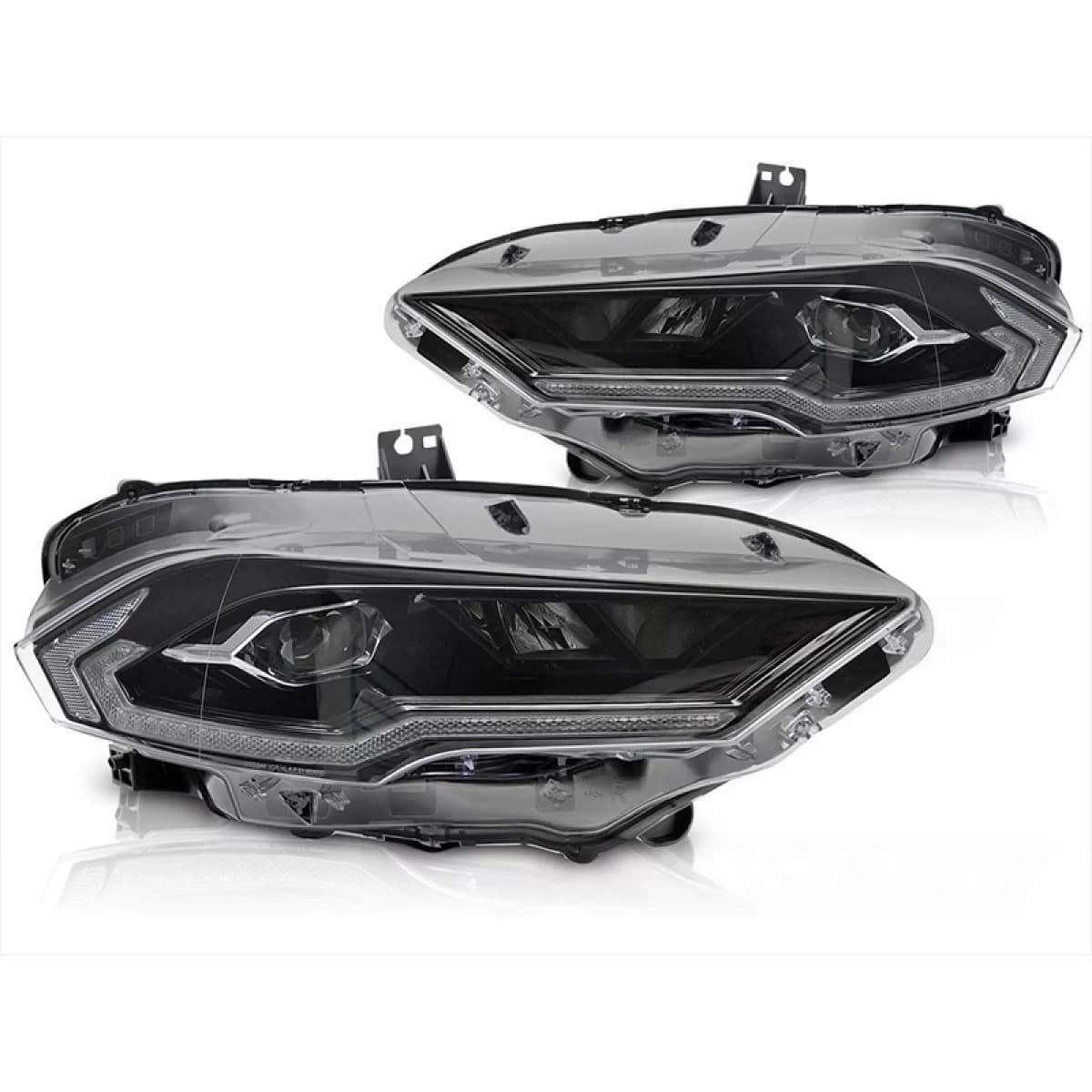LED tuning headlight set suitable for Ford Mustang 2018-2021 with black base, featuring dynamic turn signals, for the model with factory DRL lights, with "Welcome" function, left and right