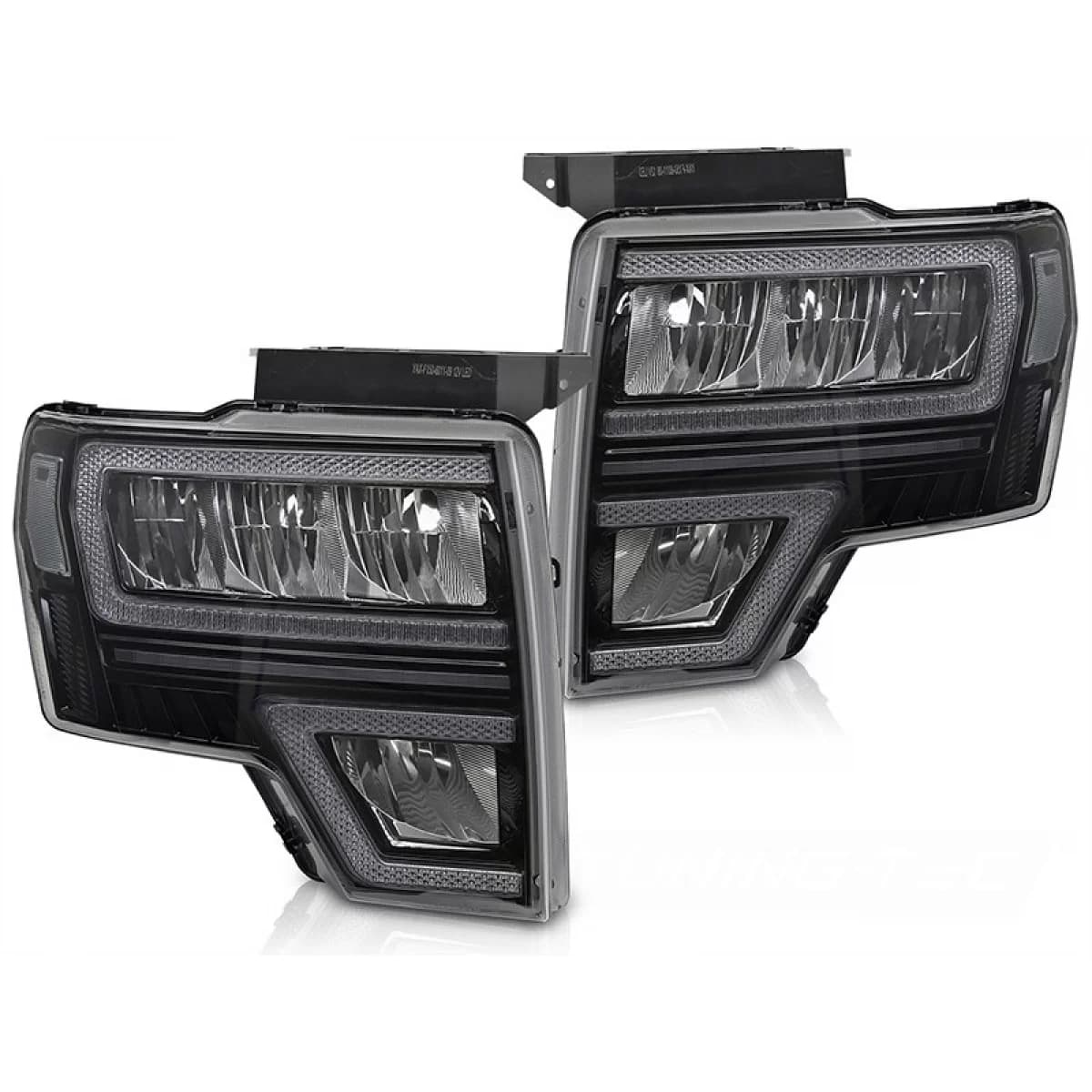 LED tuning headlight set suitable for Ford F150 2008-2014 with black base, for the model with factory DRL lights, with dynamic turn signals, with "Welcome" function, left and right