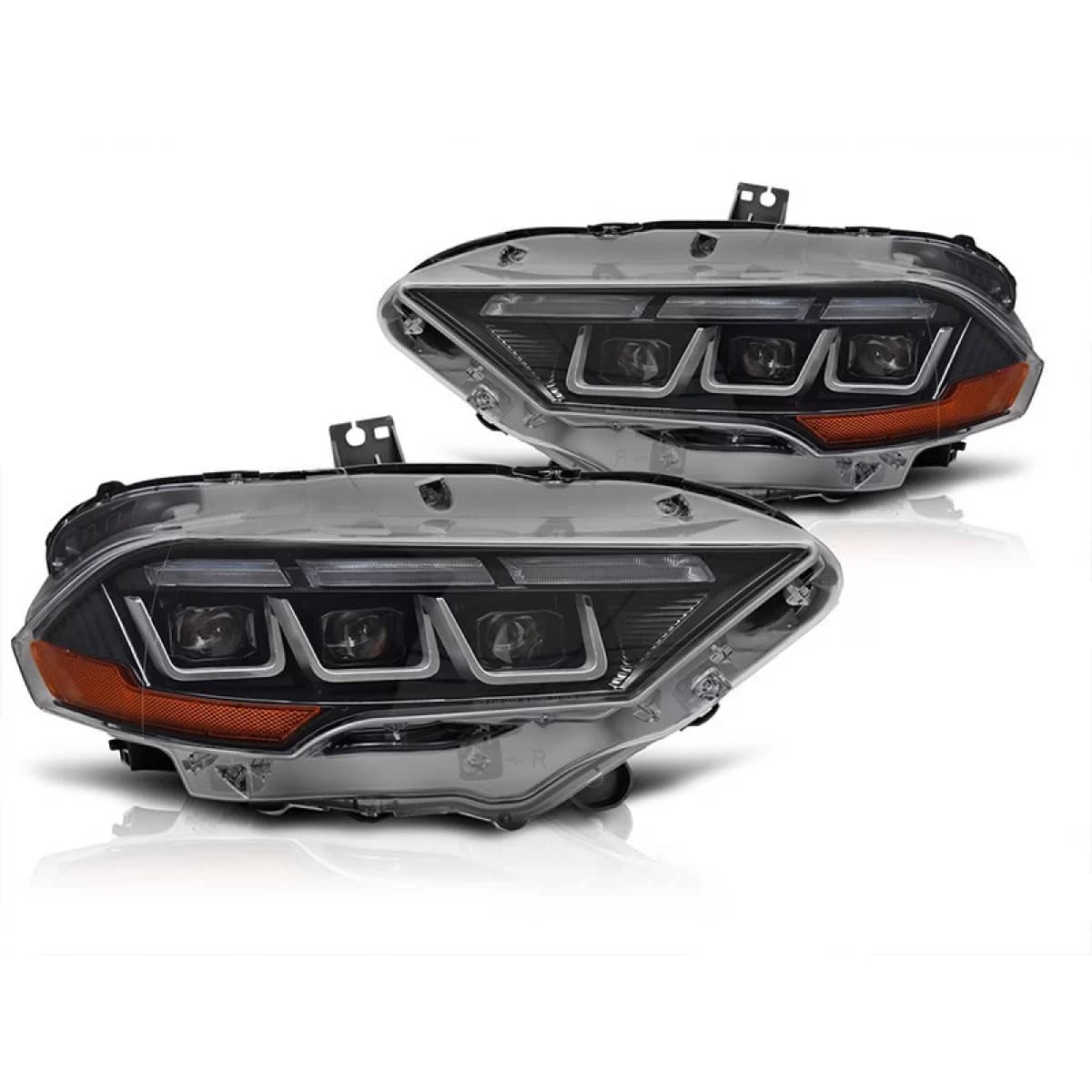 Tuning LED headlight kit suitable for Ford Mustang 2018-2021 with black base, for the model with factory DRL lights, with dynamic turn signals, left and right