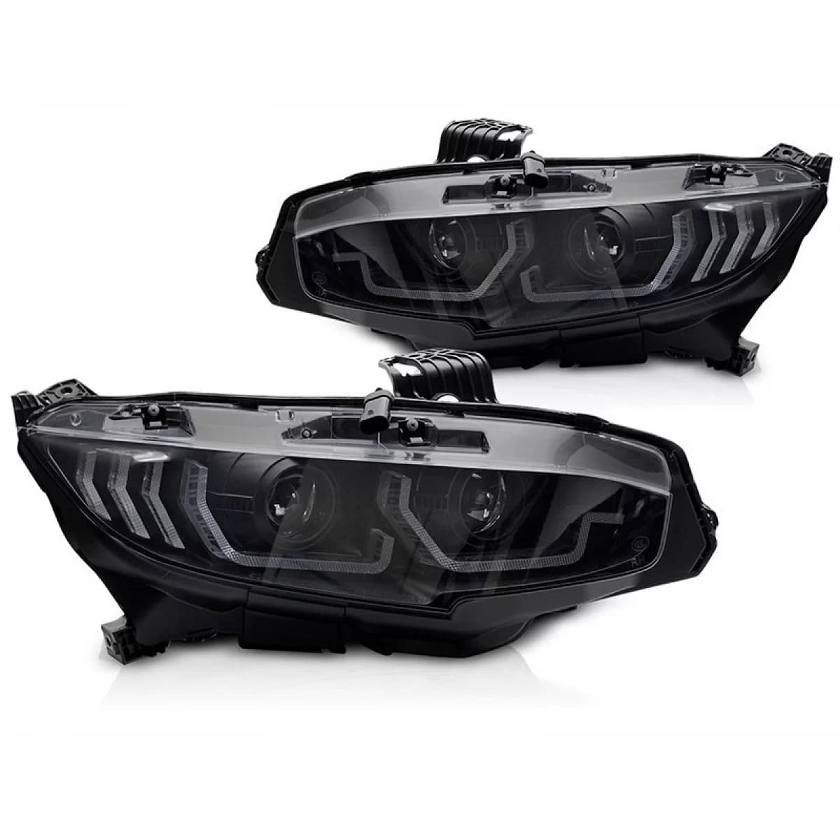 LED headlight set suitable for Honda Civic X 2016-2021 hatchback, sedan, coupe with black base, featuring dynamic turn signals, for the model with factory DRL lights, left and right