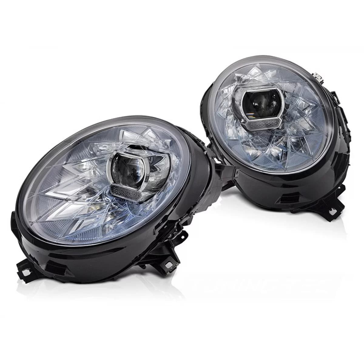 LED tuning headlight set suitable for Mini Cooper F54 Clubman 2015-2019, F55, F56 hatchback 2014-2021 with chrome base, for models with factory halogen lights, with dynamic indicators, with "Welcome"