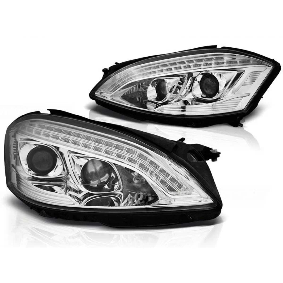 Tuning headlight set suitable for Mercedes S-Class W221 2005-2009 with chrome base, left and right