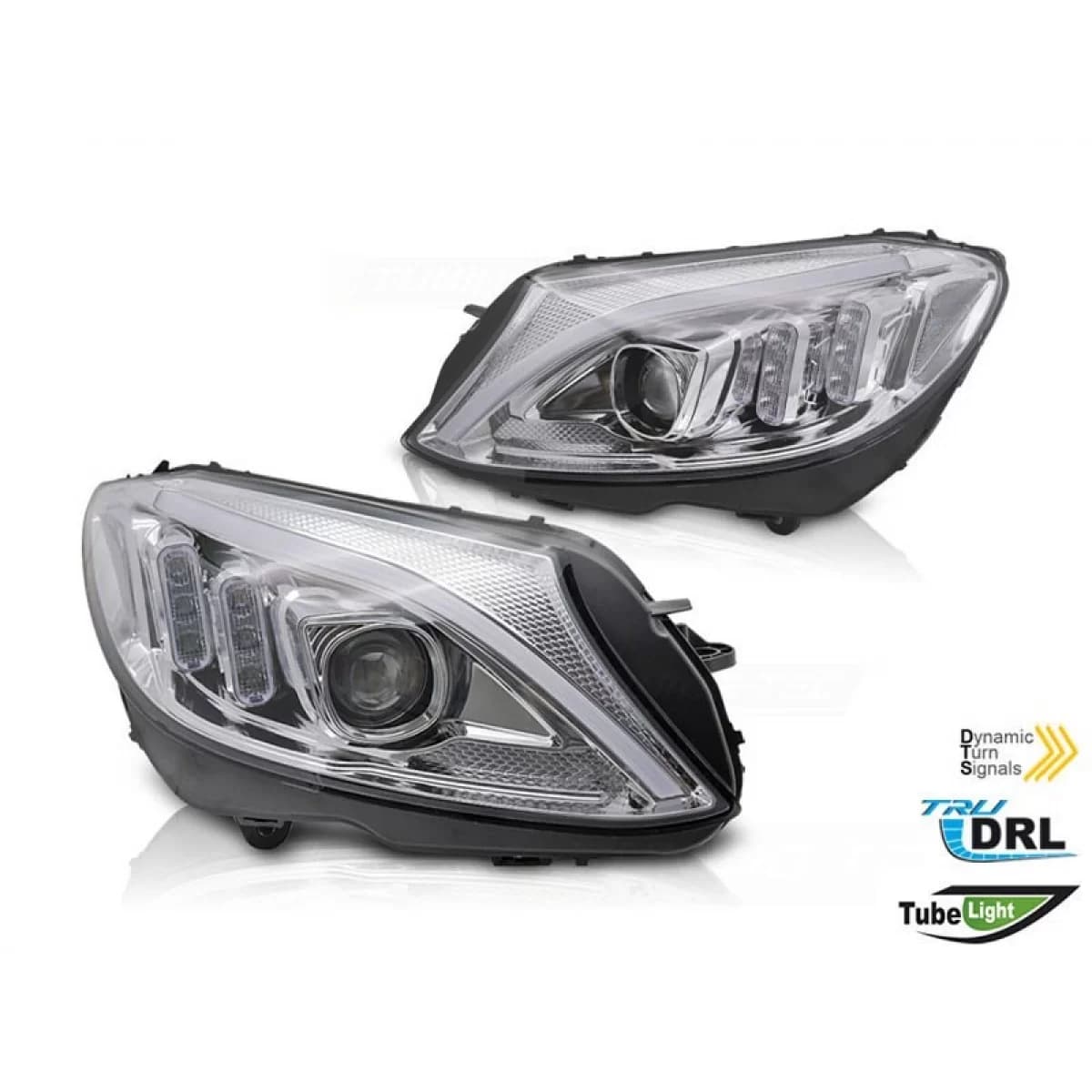 LED headlight set suitable for Mercedes C-Class W205 2014-2018 with chrome base, left and right, for the model with standard halogen headlights