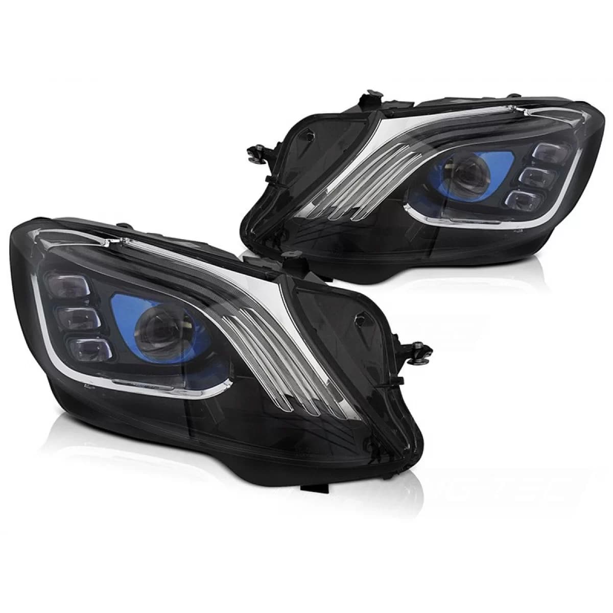 LED tuning headlight set suitable for Mercedes S-Class W222 sedan with front bumper 2013-2017 with black base, with dynamic turn signals, with "Welcome" function, left and right