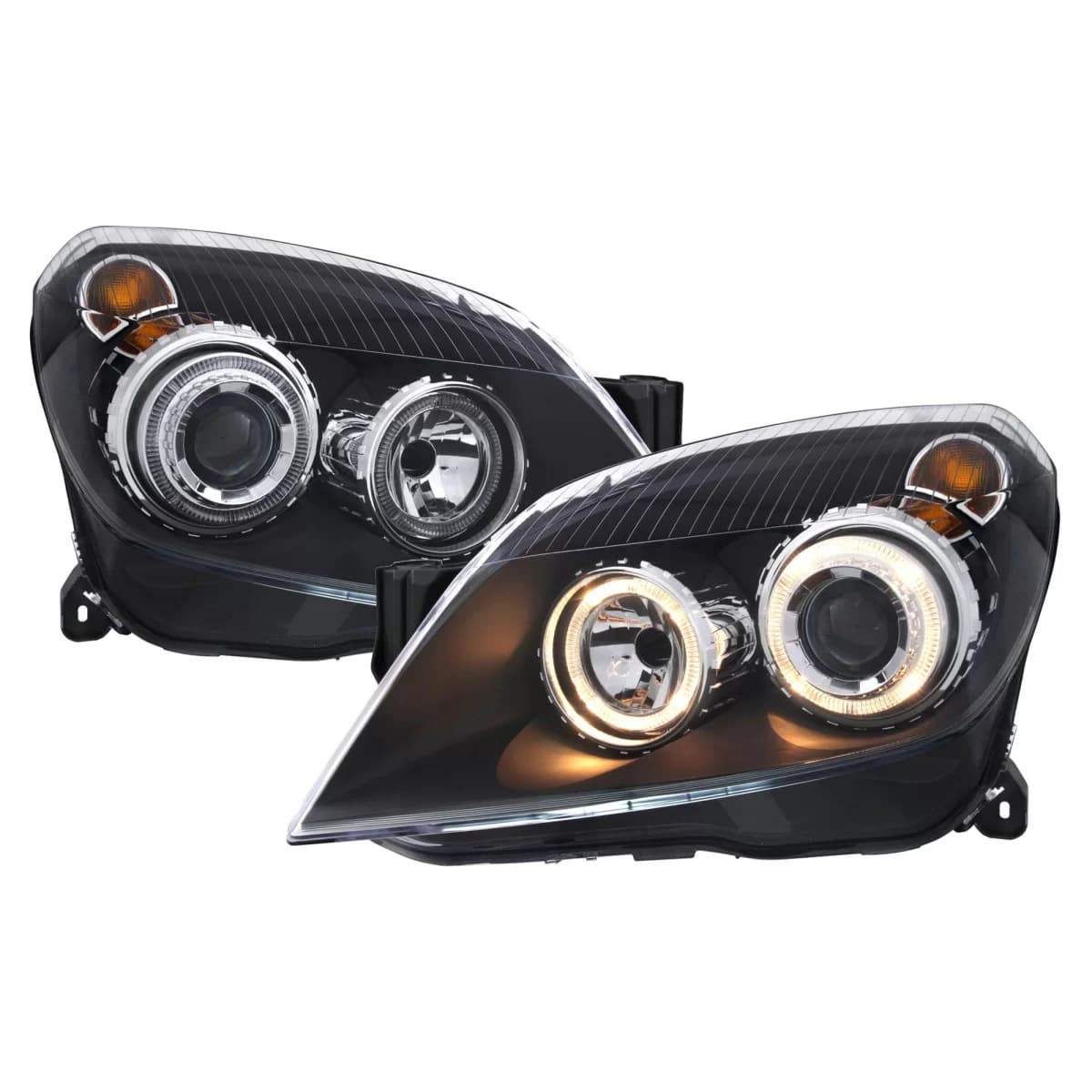 Tuning headlight set with angel eyes suitable for Opel Astra H 2004-2009 sedan, wagon with black base, left and right
