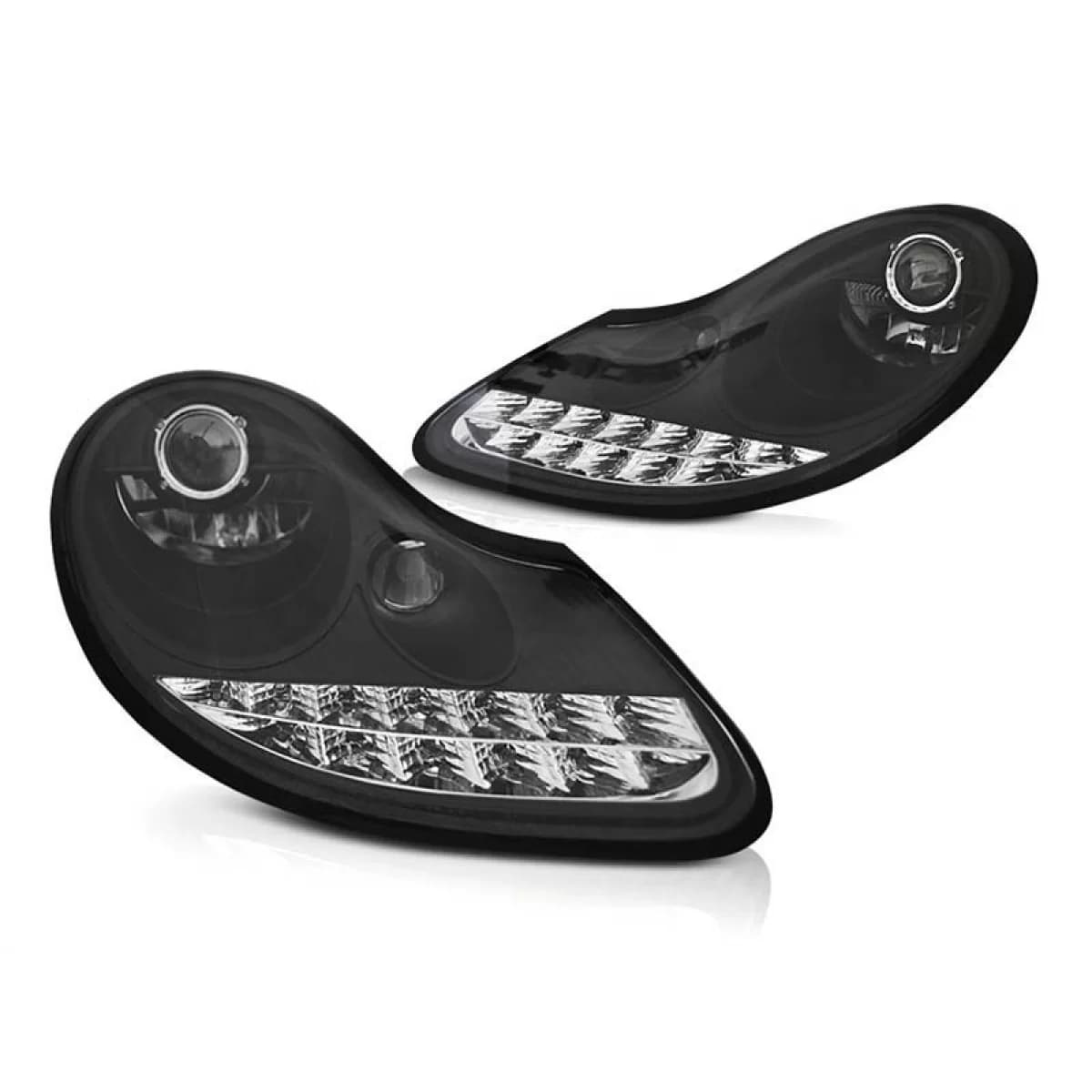 Tuning headlight set with DRL suitable for Porsche Boxster 986, 911 Carrera 996 1996-2001 with black base, left and right