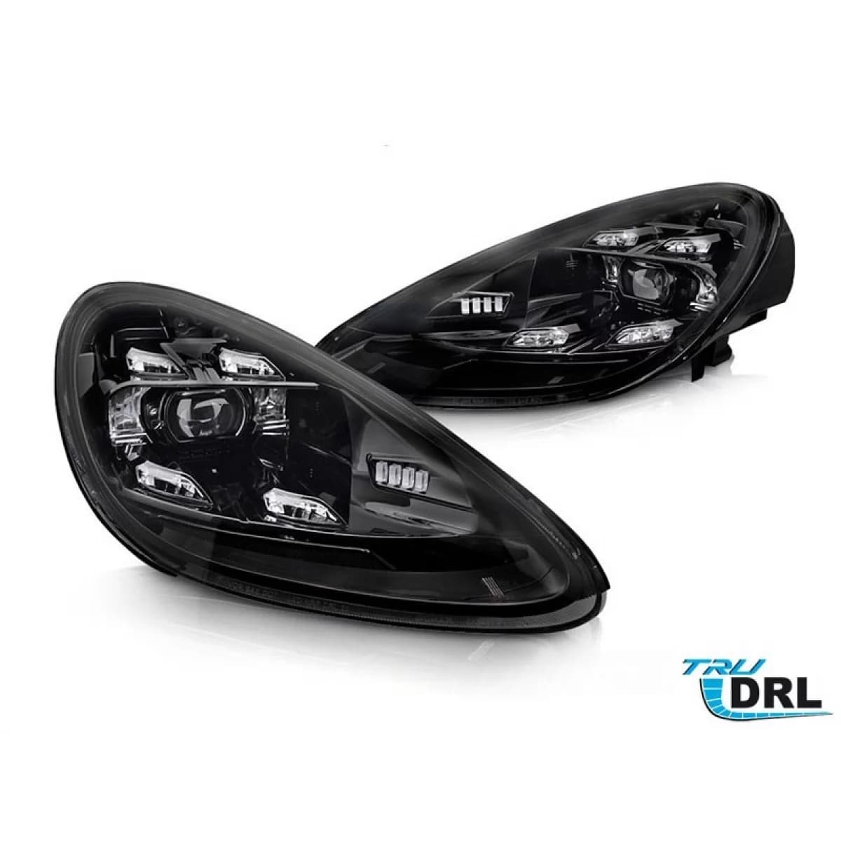 Tuning LED headlights suitable for Porsche Cayenne 2010-2015 for the model equipped with factory xenon and AFS, with black base, left and right