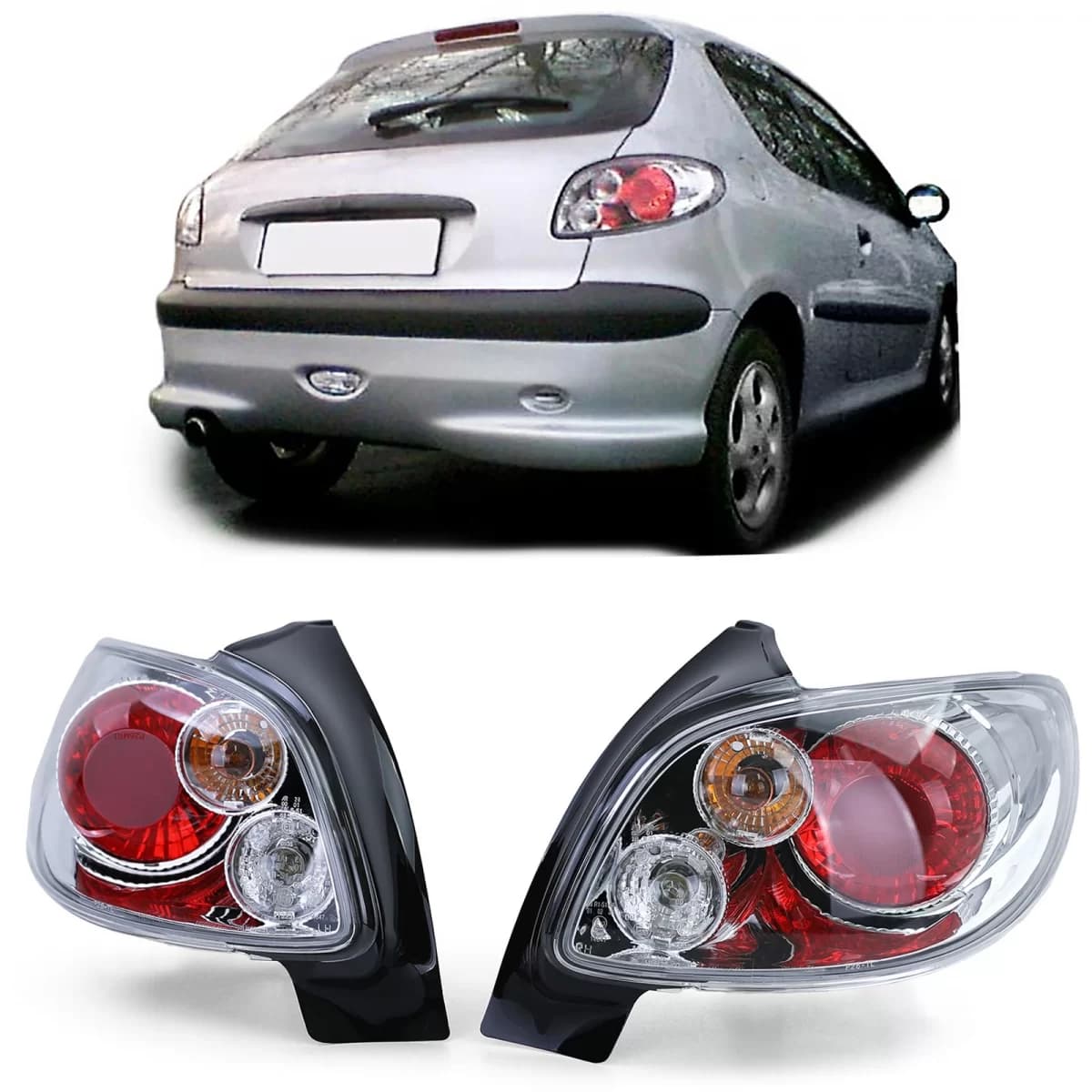 Clear glass tail lights chrome for Peugeot 206 hatchback 3 + 5 door 98-09