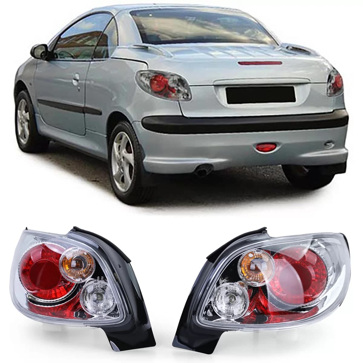 Clear glass tail lights chrome suitable for Peugeot 206 CC Coupe Cabrio 00-08