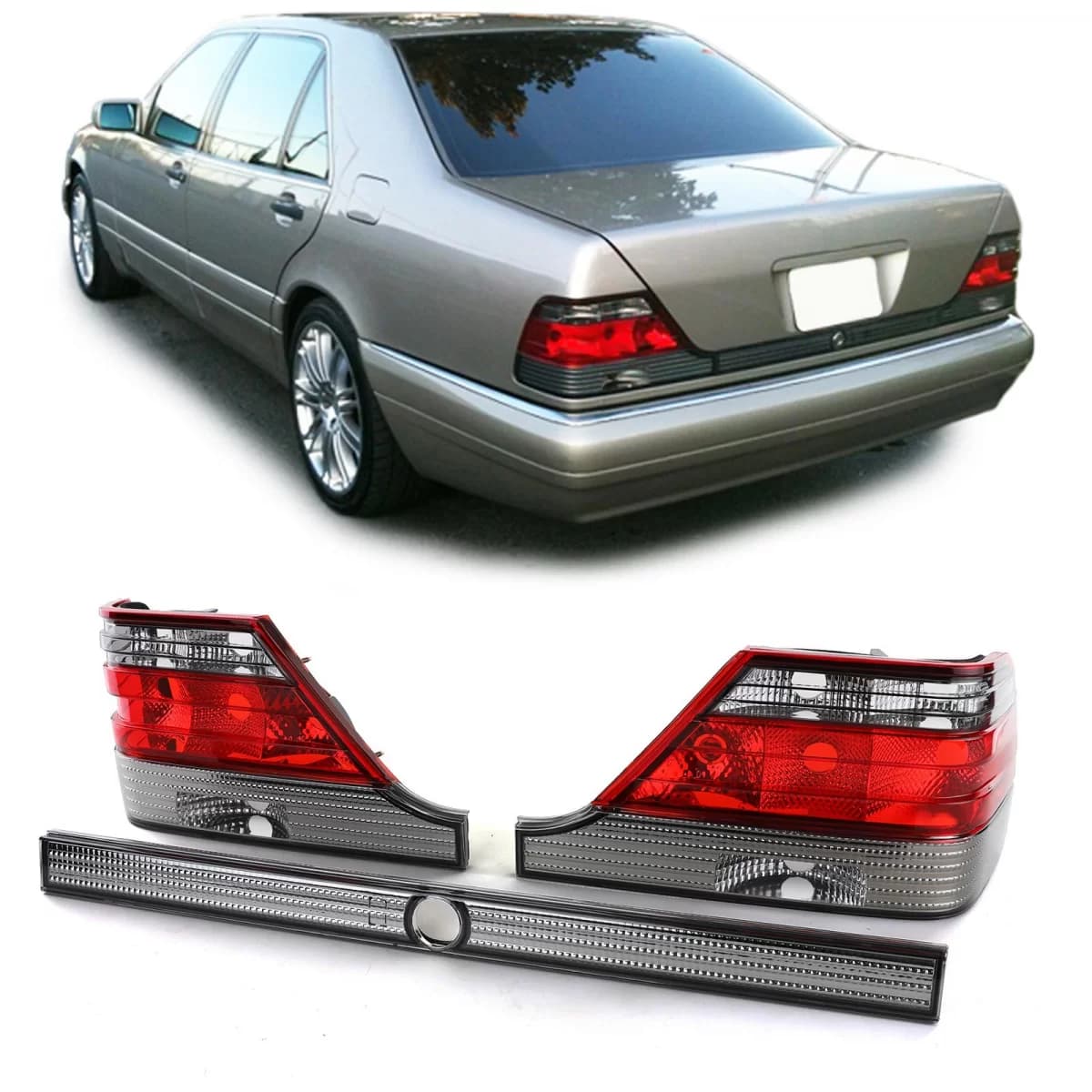 Clear glass tail lights red black with lock strip for Mercedes S W140 94-98