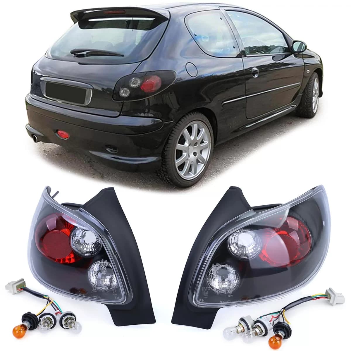 Clear glass tail lights black for Peugeot 206 hatchback 3 + 5 door 98-09