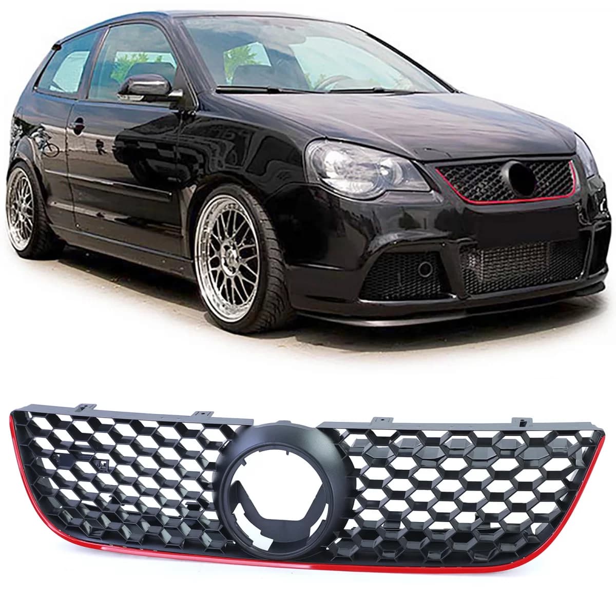 Sport honeycomb grille with red trim for VW Polo 9N3 05-09 also GTI