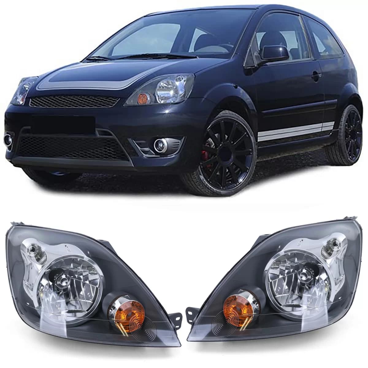 Headlights H4 Black with Motor Pair for Ford Fiesta JH JD 05-07